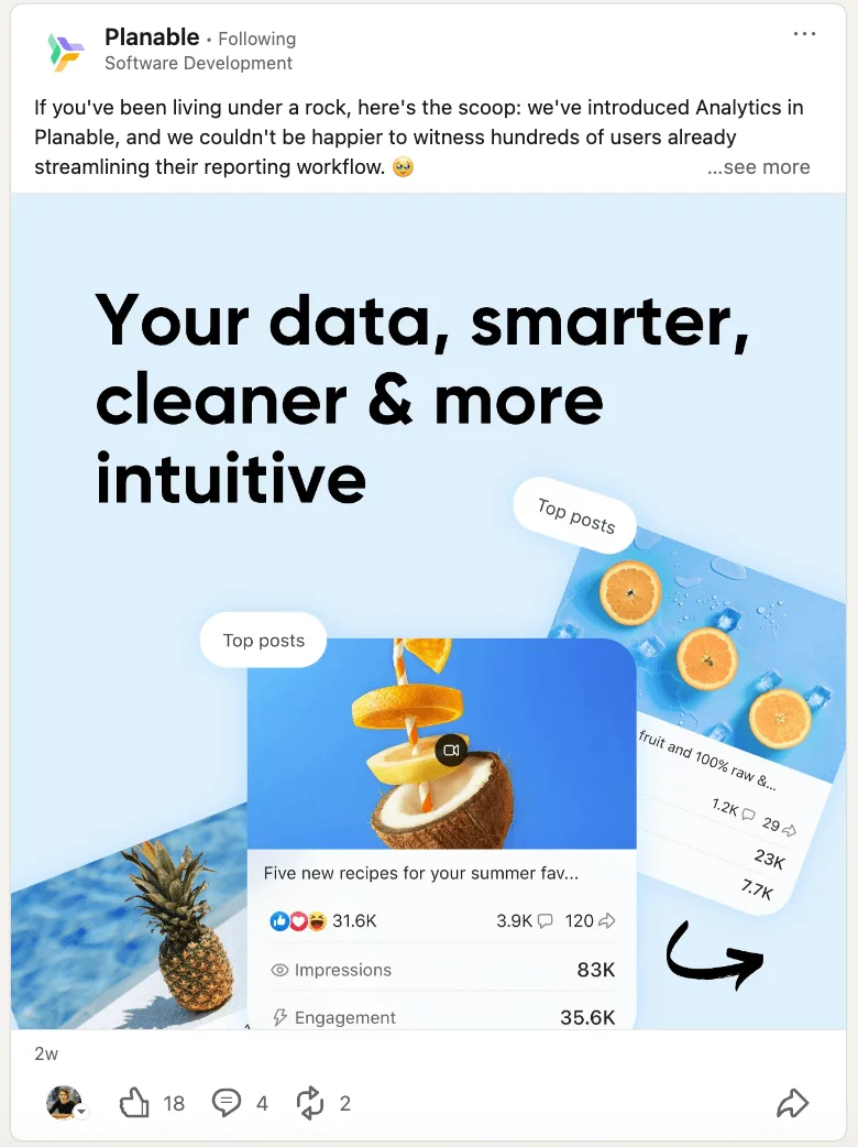 Planable Linkedin post promoting new analytics features with a graphic of citrus fruits and metrics display.