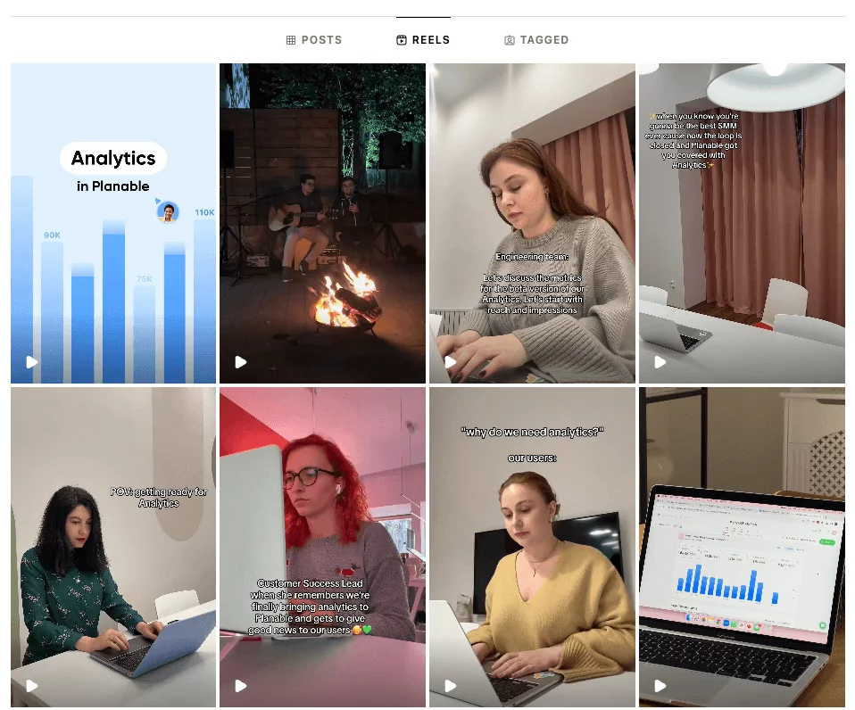 Planable's Instagram Reels featuring videos on analytics, team discussions, customer success stories, and working with analytics tools.