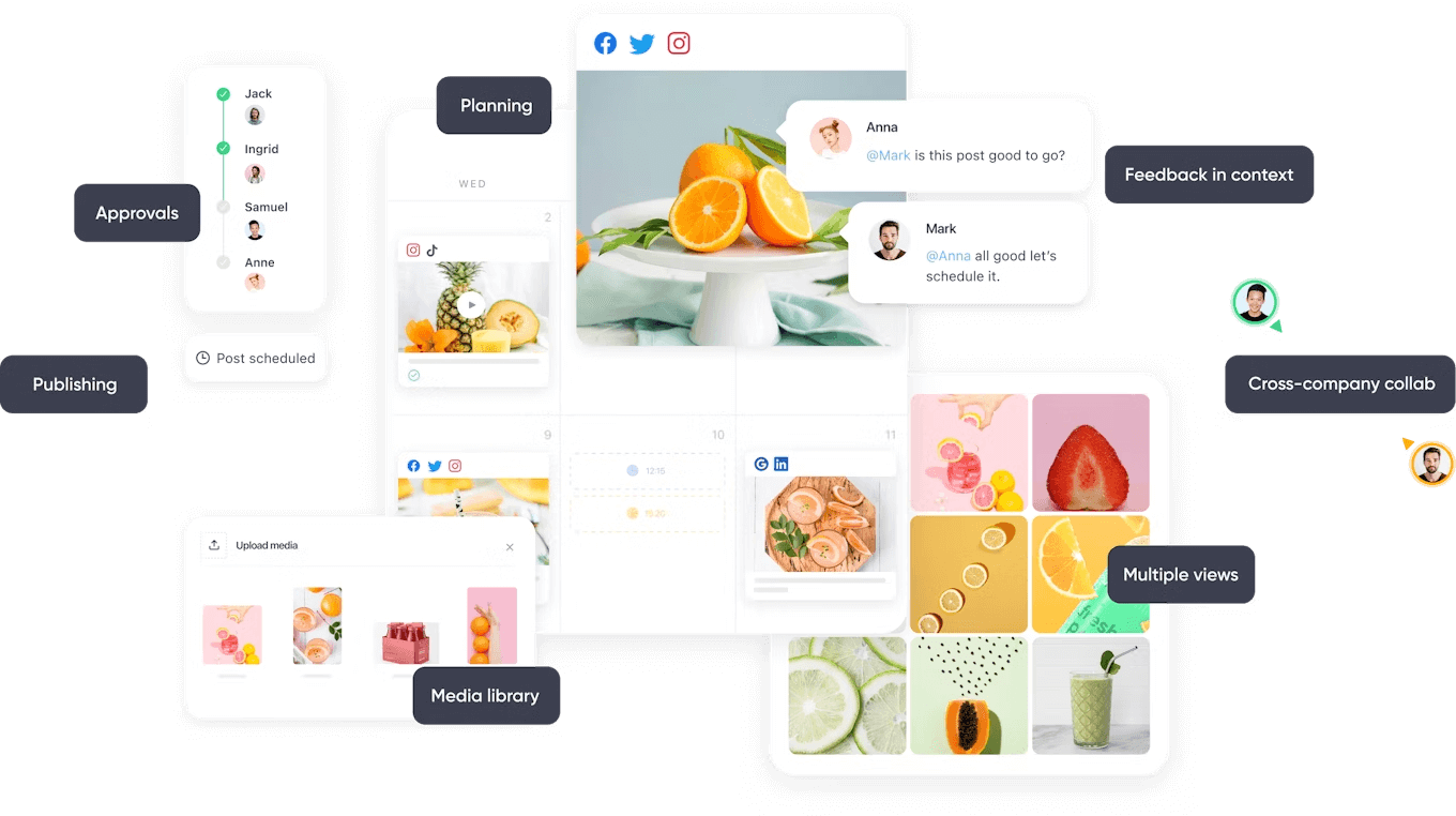 Social media management dashboard in Planable showing planning, approvals, publishing, media library, and cross-company collaboration with various images of fruits and juices.