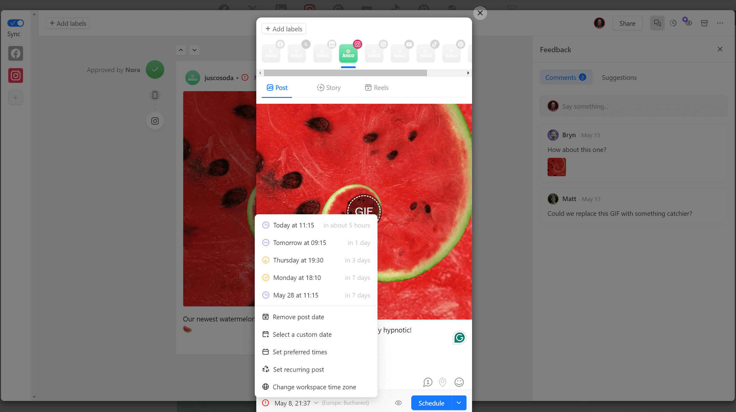 Planable's scheduling feature interface showing options for post, story, and reels with scheduling settings and media attachments.