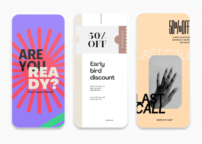 Instagram Story templates featuring "Are You Ready?" announcement with news teaser, "50% Off Early Bird Discount" promo, and "Last Call" sale alert for a new collection.