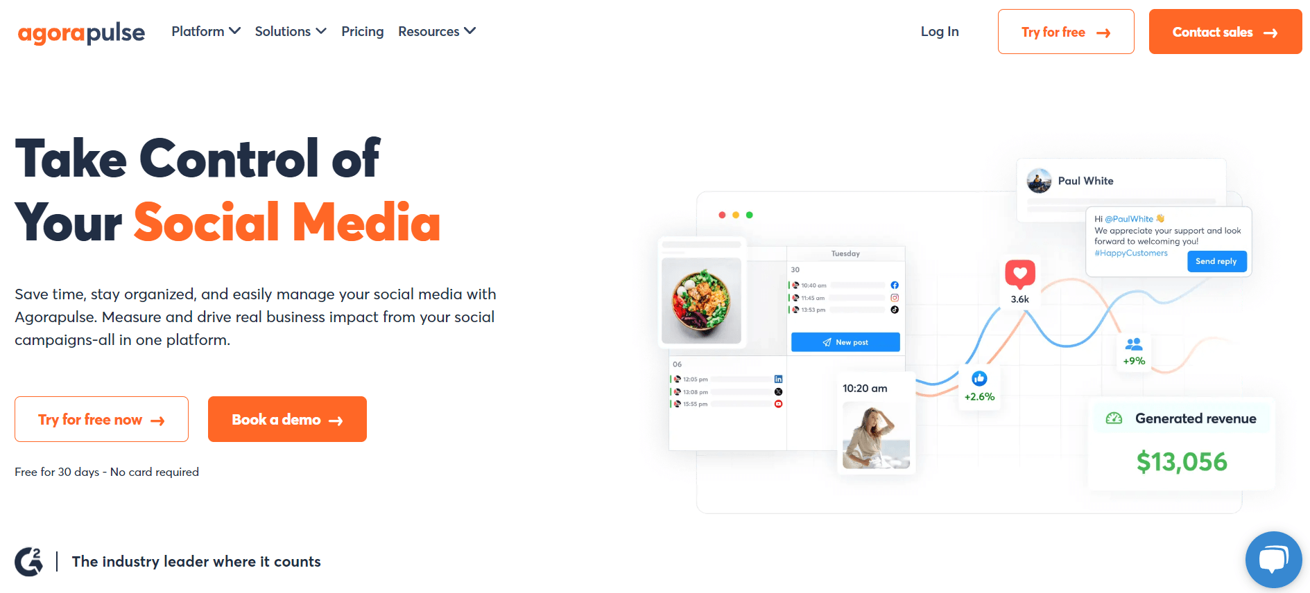 Homepage of Agorapulse promoting their social media management platform with features like scheduling, collaboration, and analytics, highlighting the ease of controlling social media campaigns from one spot.
