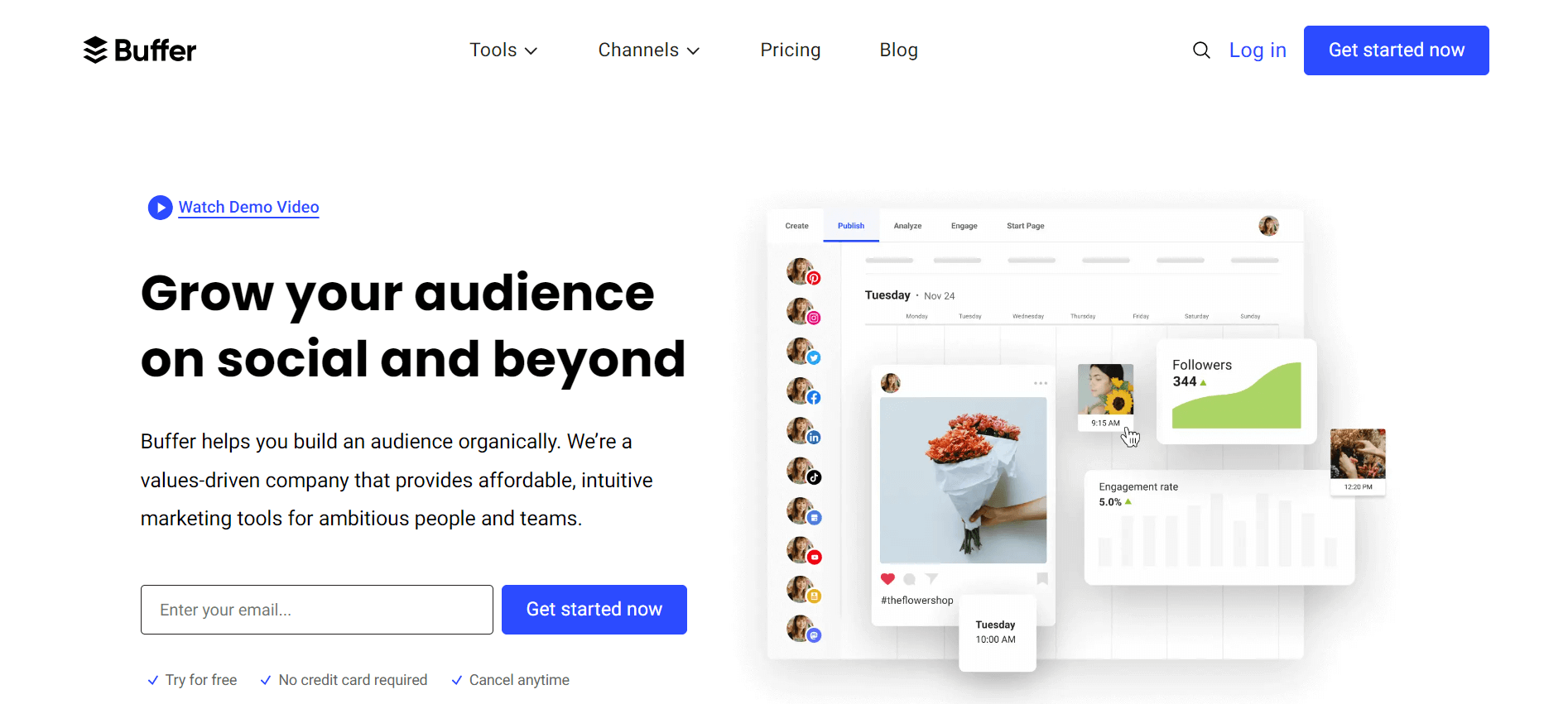 Homepage of Buffer highlighting their social media tools aimed at growing audiences organically. Features include a display of their scheduling interface and engagement analytics.