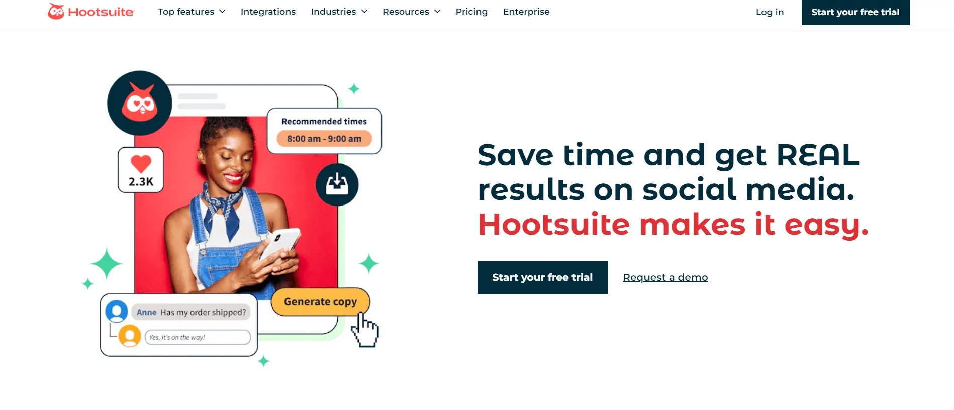Homepage of Hootsuite featuring a smiling woman using a smartphone, promoting the ease of obtaining real results on social media with features like recommended posting times and message automation.