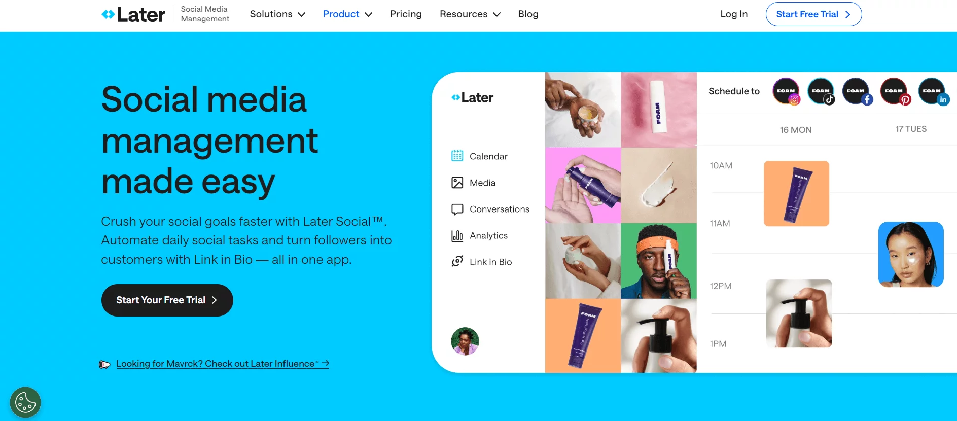Homepage of Later showcasing their social media management platform, with features like scheduling, media management, and analytics displayed alongside user-friendly interface examples.