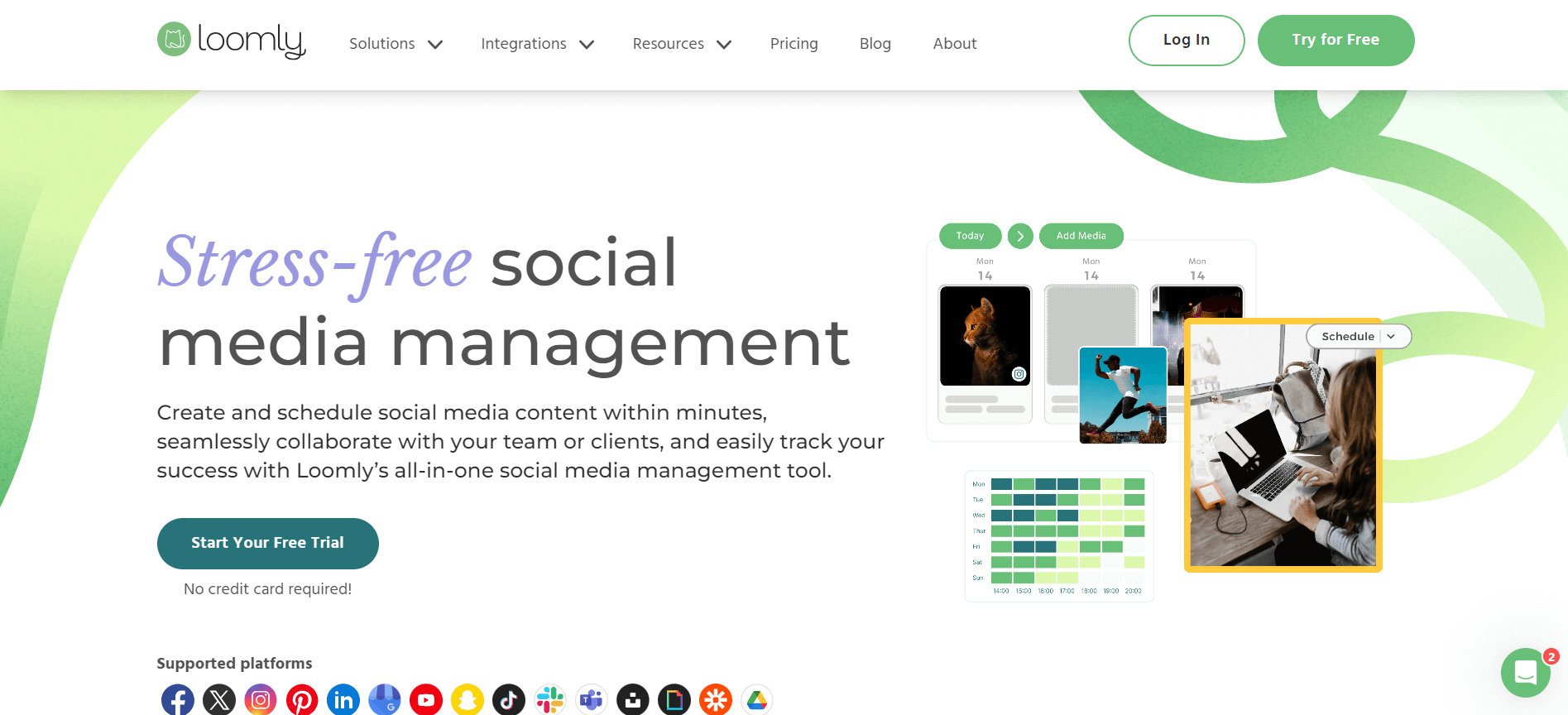 Homepage of Loomly, featuring a stress-free social media management promise, displaying interface samples for content scheduling and collaboration, with a "Start Your Free Trial" button.