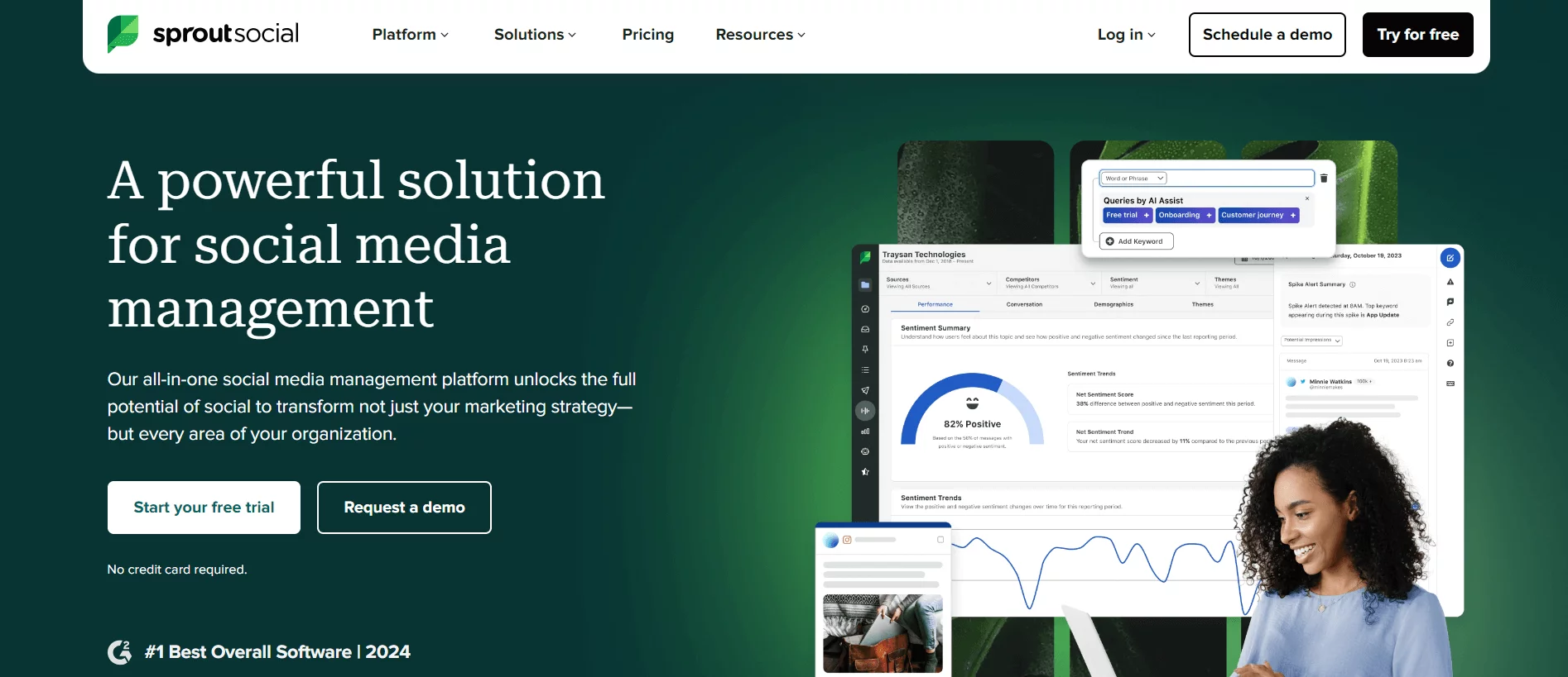 Homepage of the Sprout Social website showcasing their social media management platform with options to start a free trial or request a demo, featuring analytics interface visuals.