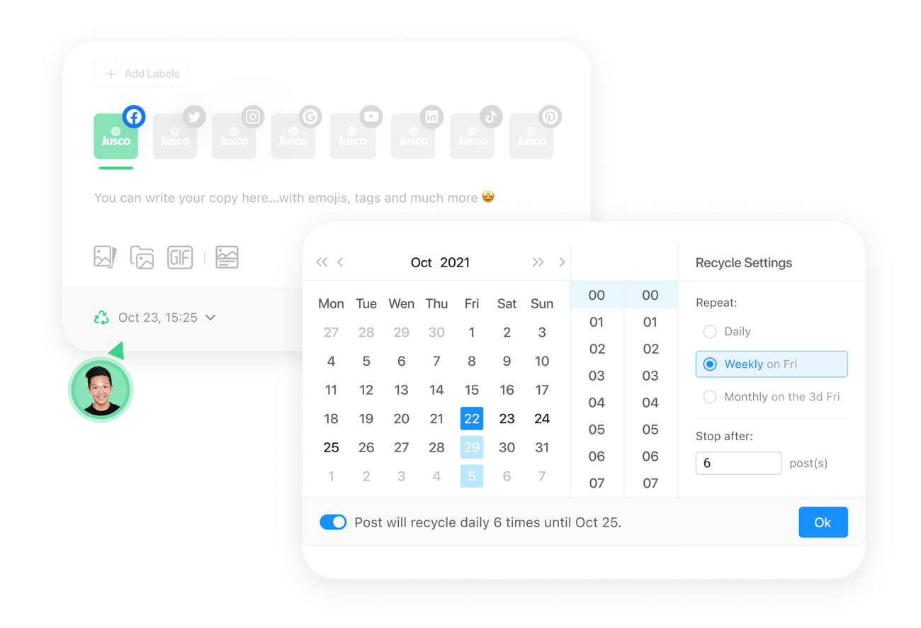 Planable post scheduling interface showing a calendar with recycle settings for repeating posts weekly, and social media platforms for Jusco.