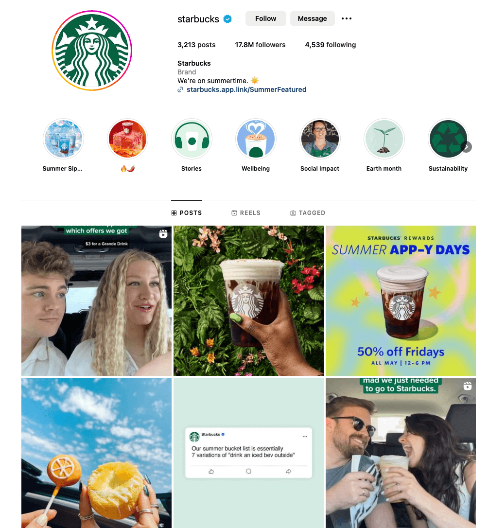 Starbucks' Instagram profile featuring posts about summer drinks, offers, and promotions, with customers enjoying beverages and summer-themed content.