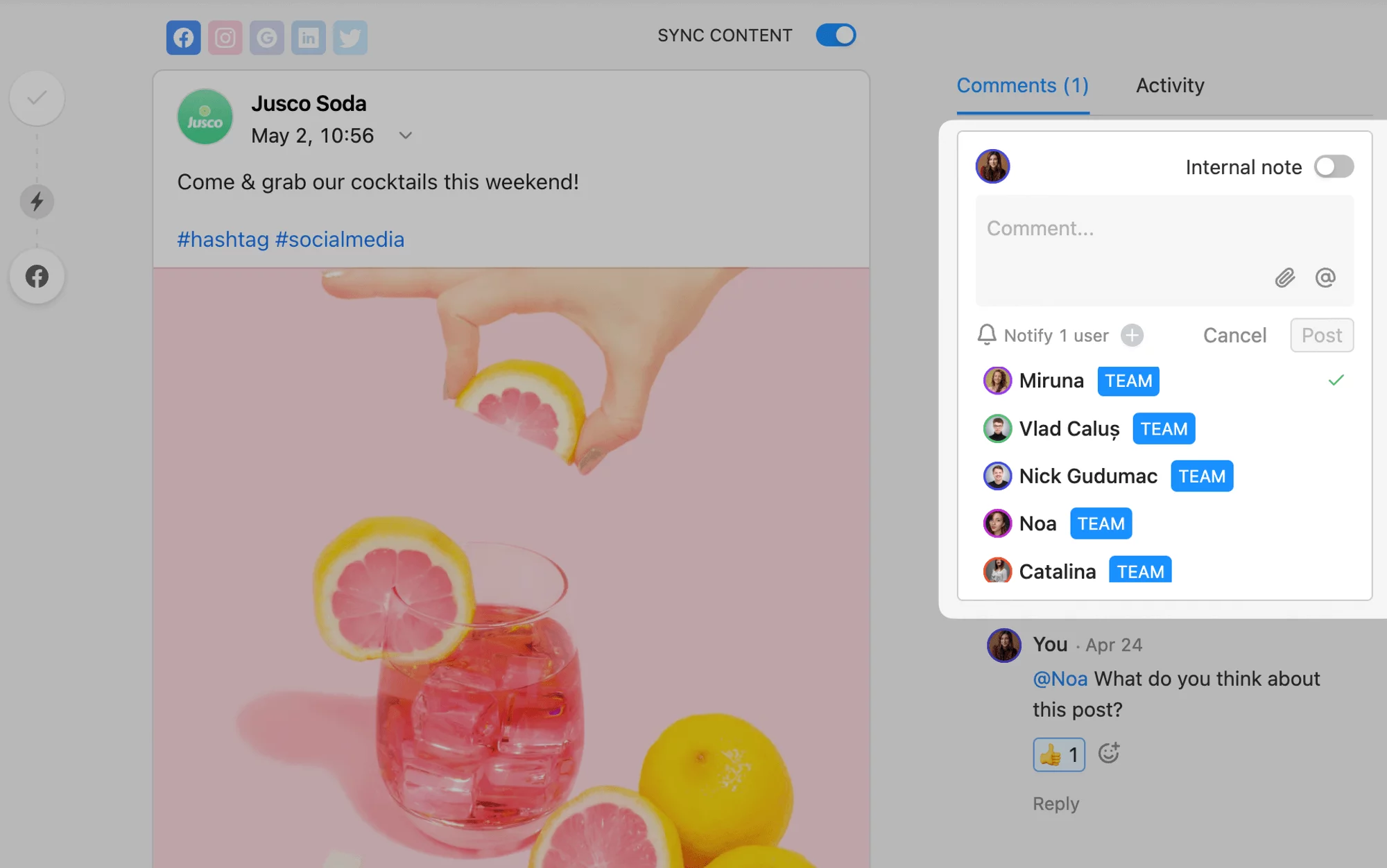 Social media post featuring a cocktail with lemon slices, inviting followers to grab a drink this weekend, with team comments visible in Planable.