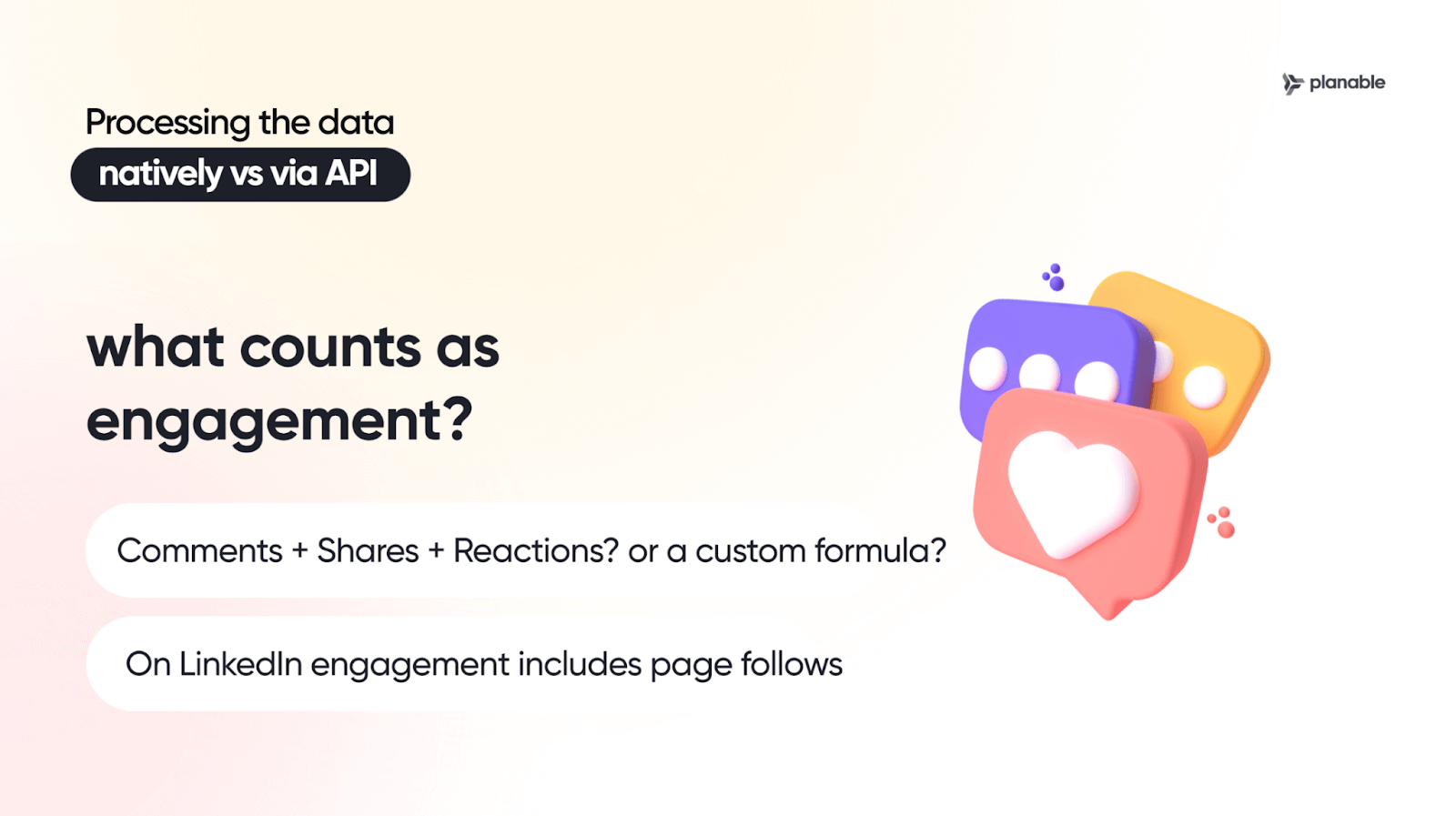 "Processing the data natively vs via API" infographic explaining engagement metrics: comments, shares, reactions, custom formulas, LinkedIn includes page follows.