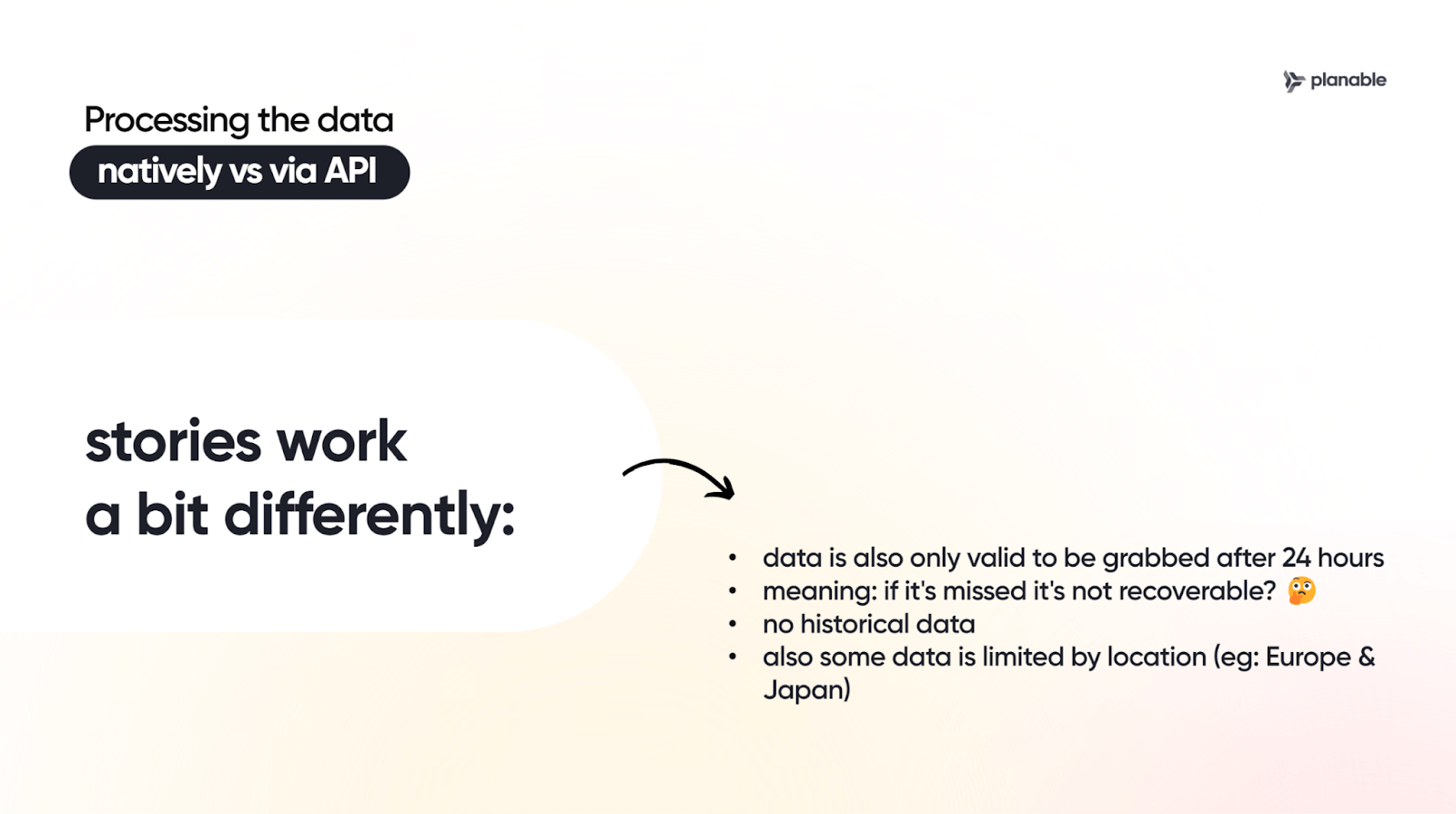 "Processing the data natively vs via API" infographic explaining stories data: valid for 24 hours, no historical data, location limitations (e.g., Europe, Japan).