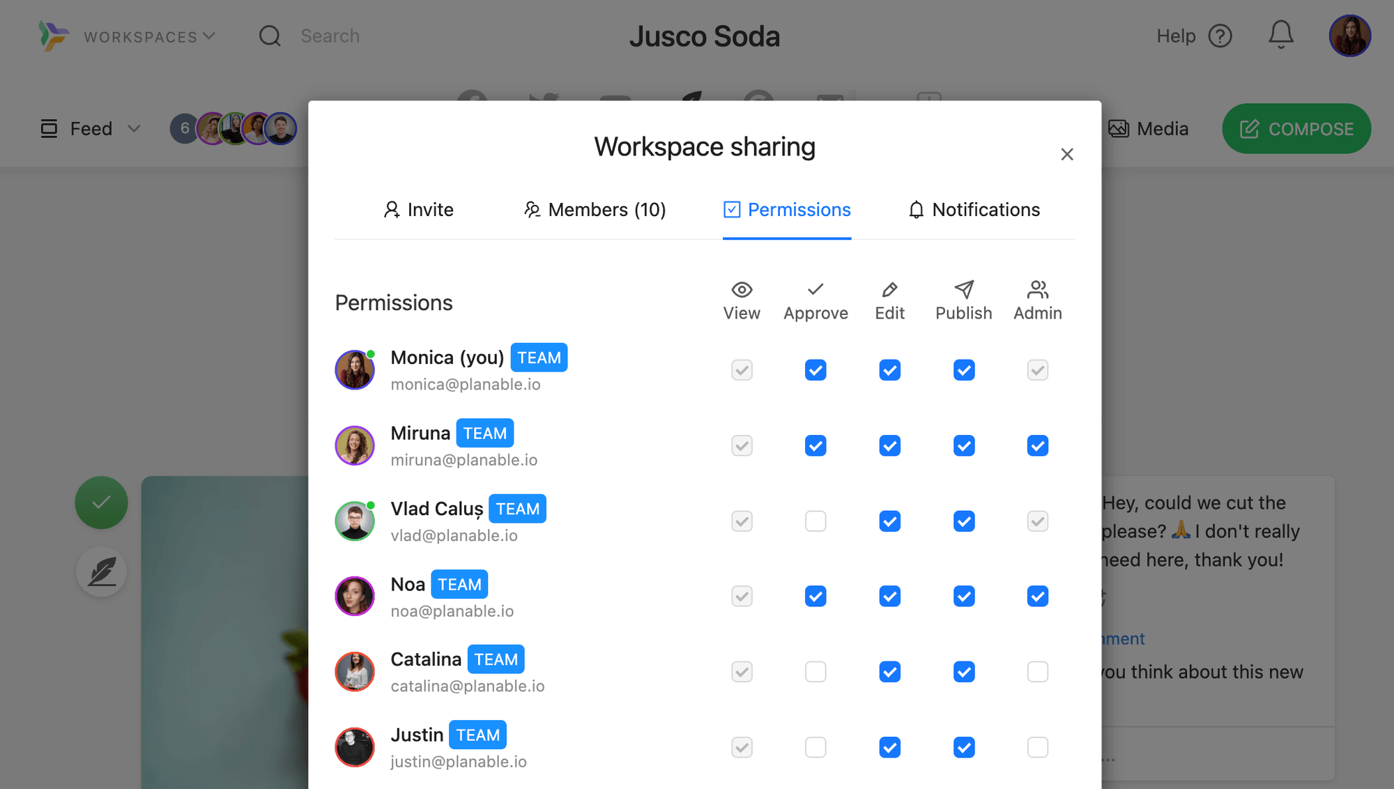 Workspace permissions settings for team members in Planable with detailing view, edit, and publish rights.