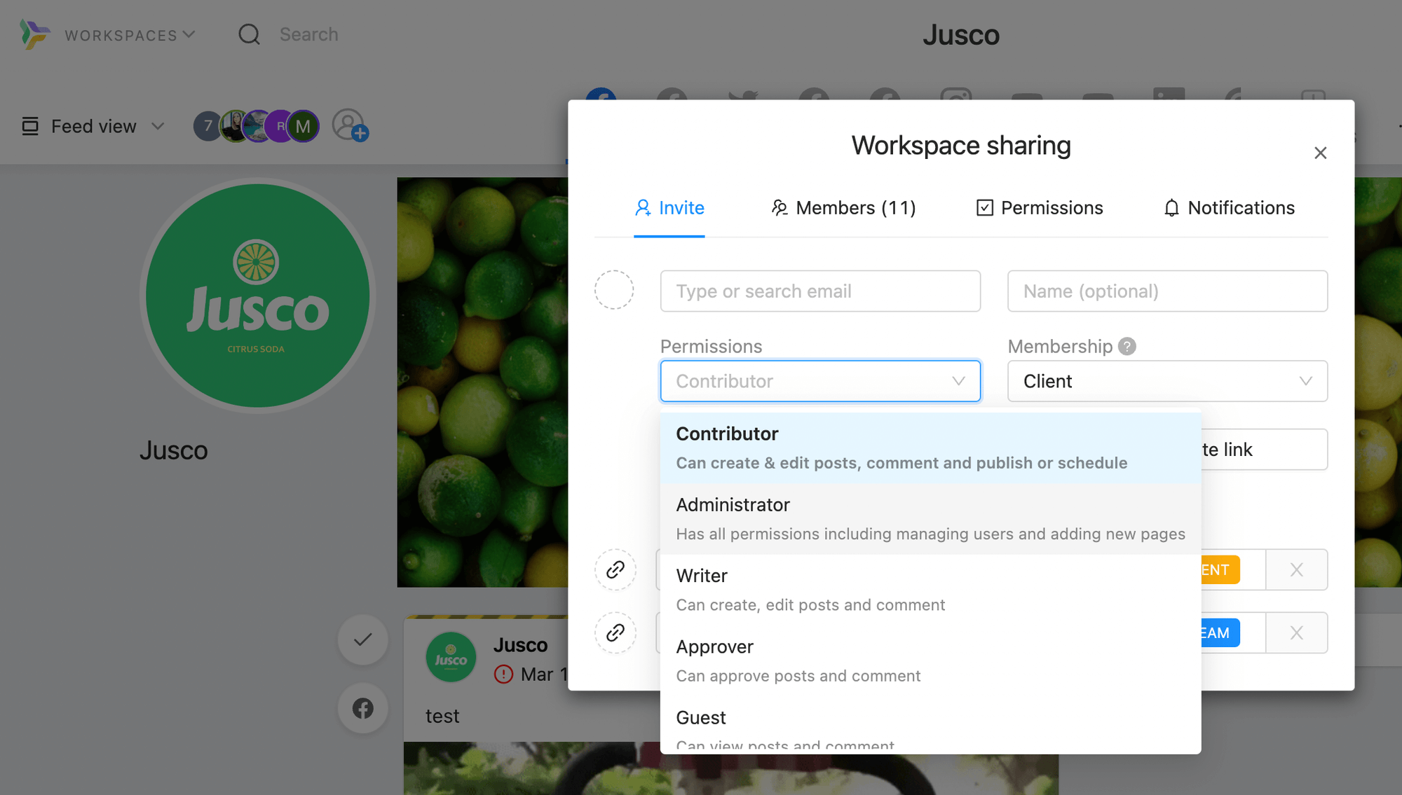 Workspace sharing settings in Planable, showing options to assign roles like Contributor, Administrator, and other permissions.
