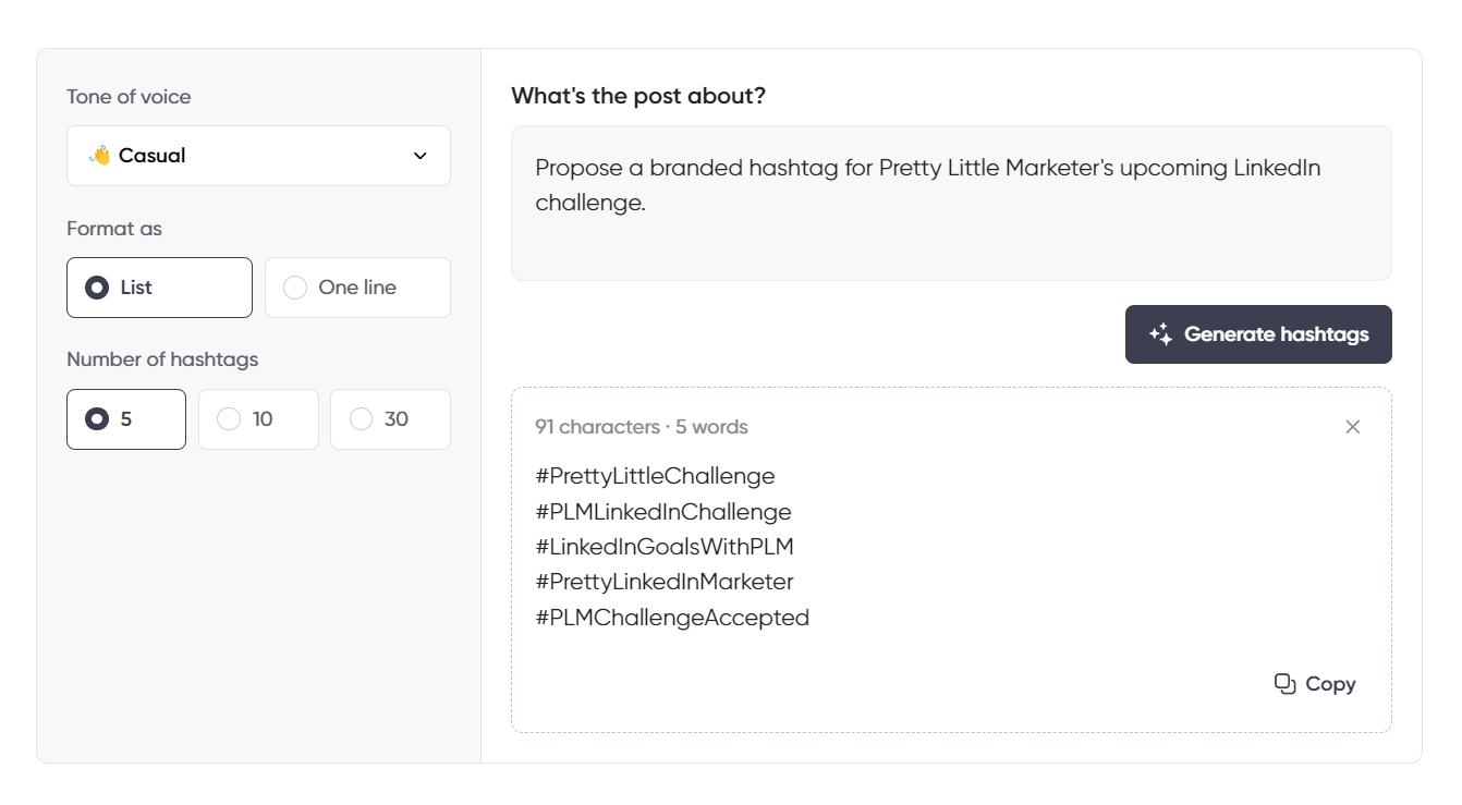 Linkedin Hashtag Generator by Planable used by Pretty Little Marketer to generate her LinkeIn hashtags for a post about upcoming challange on her account.