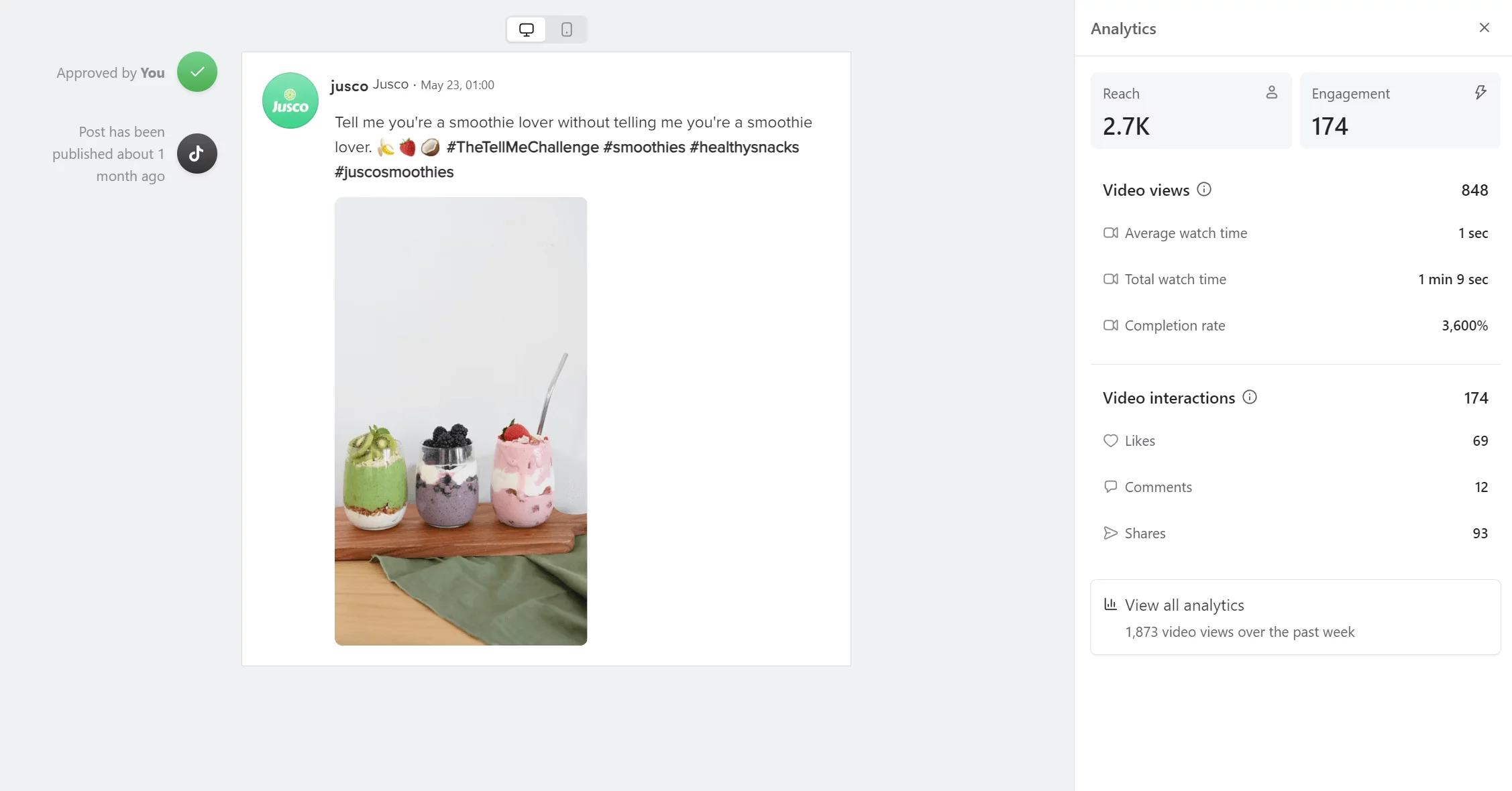 TikTok post in planable featuring three colorful smoothies in jars, with analytics showing reach, engagement, and video interactions.