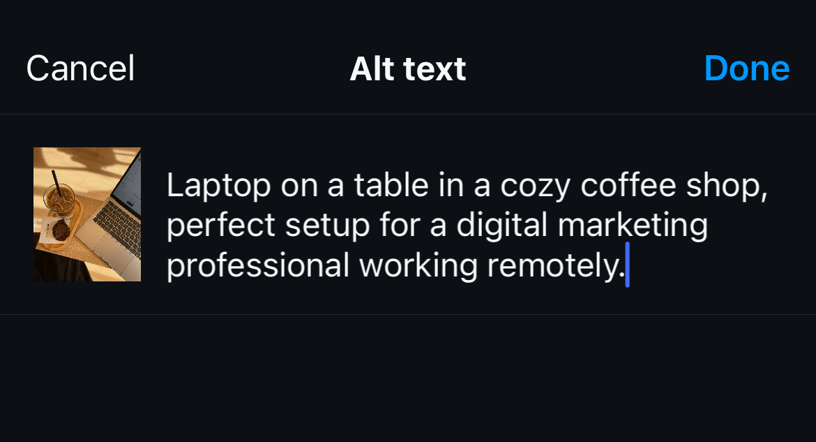 Alt text for instagram post to optimize the IG seo strategy: "Laptop on a table in a cozy coffee shop with a drink and cookie, ideal for a digital marketing professional working remotely".