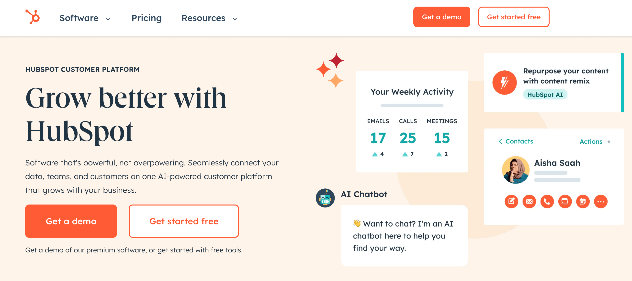 HubSpot homepage promoting its AI-powered customer platform with options to get a demo, weekly activity stats, and AI chatbot assistance.