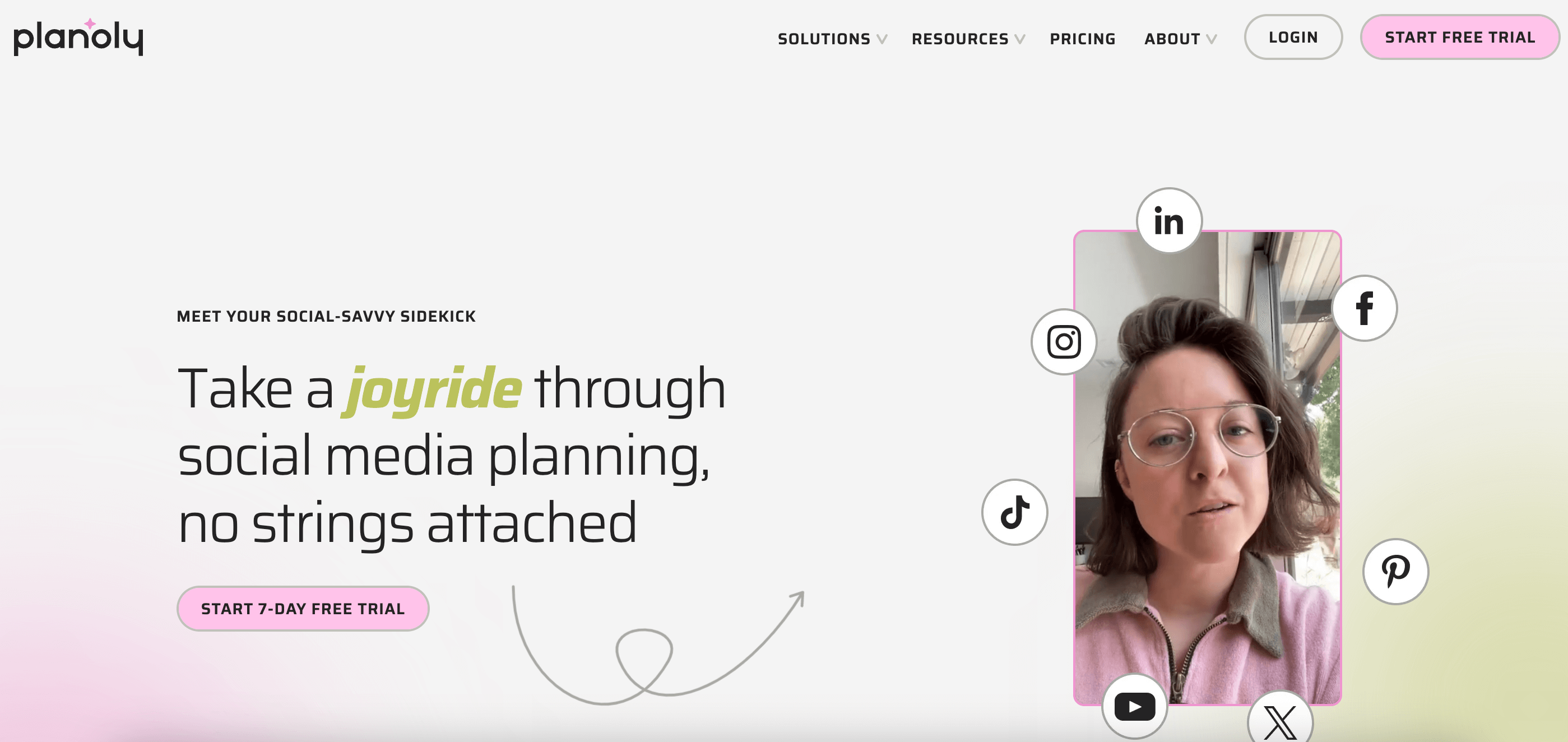 Planoly homepage promoting social media planning with a 7-day free trial, featuring a video of a woman and social media platform icons.