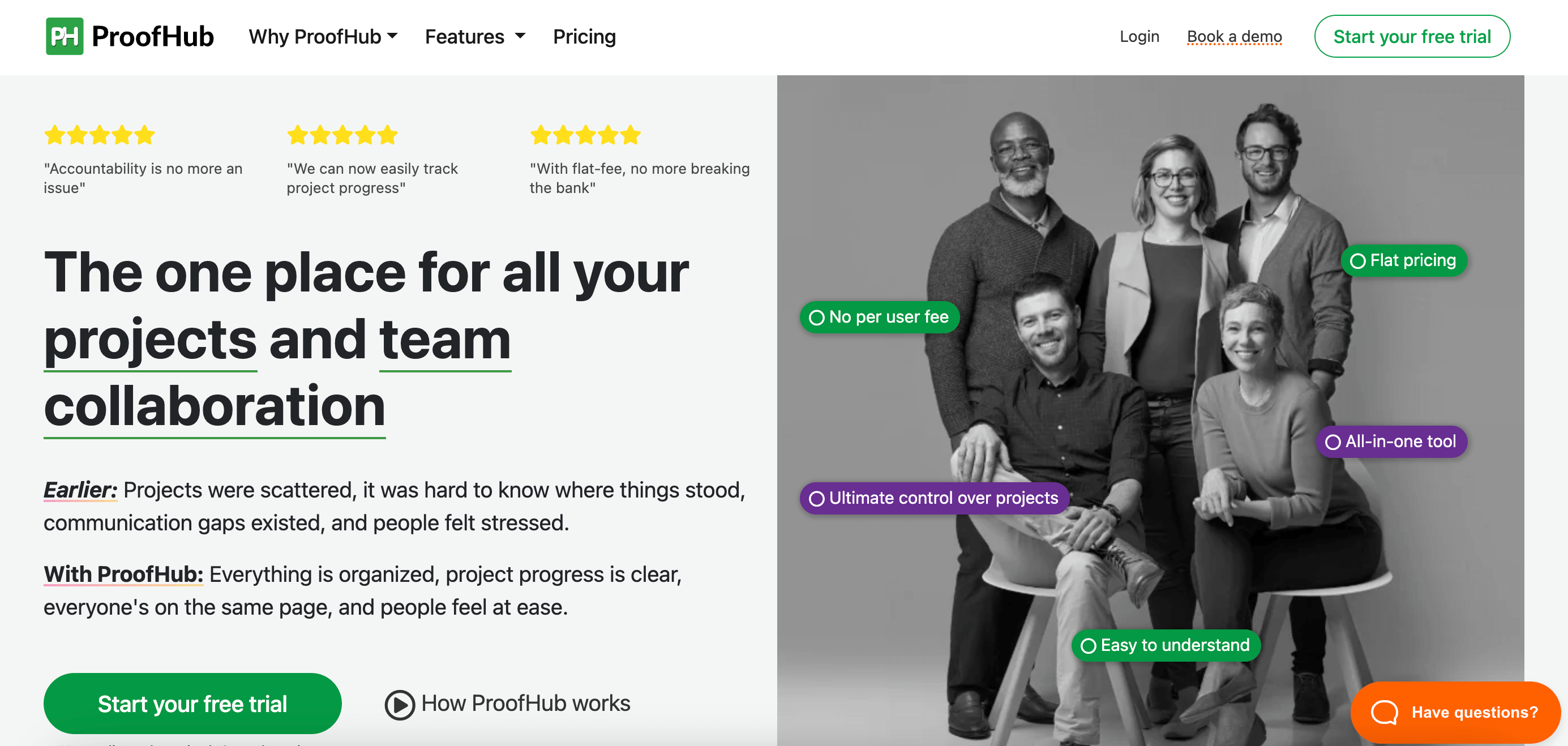 ProofHub homepage promoting project and team collaboration with a free trial offer, featuring user testimonials and a group photo of diverse team members.