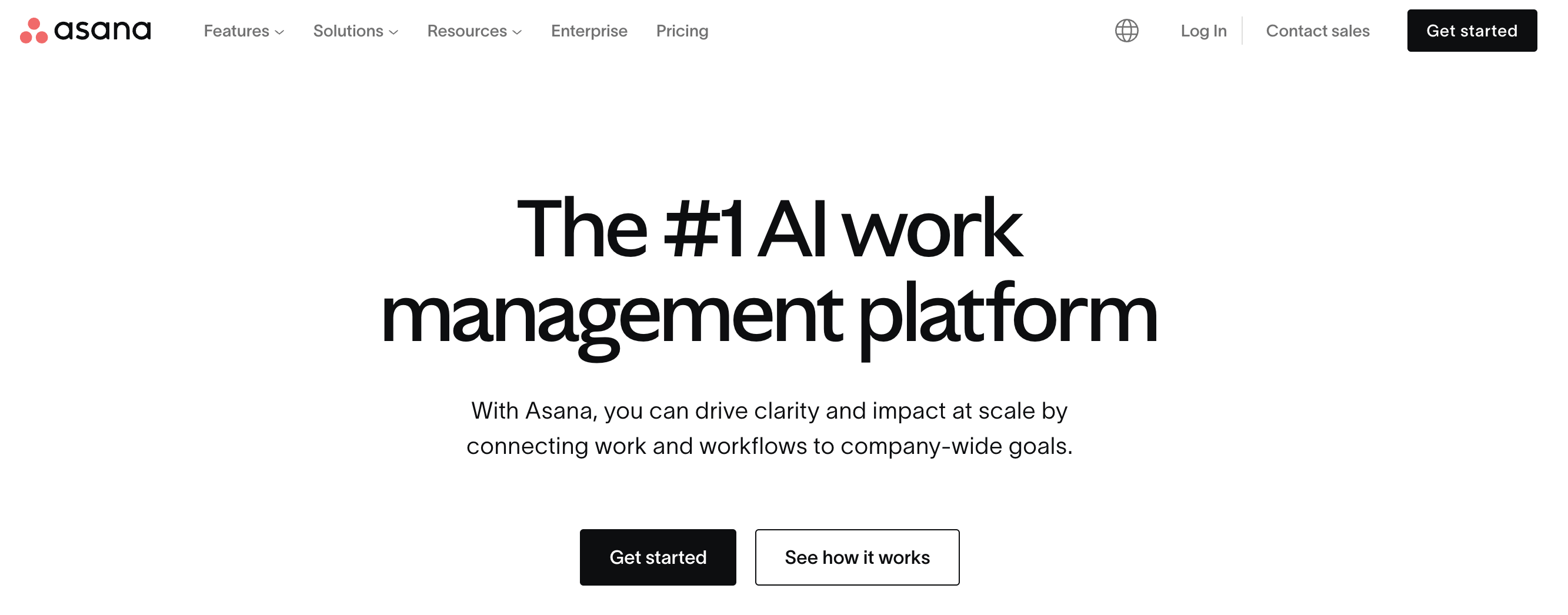 Asana homepage highlighting its AI work management platform with options to get started and see how it works.