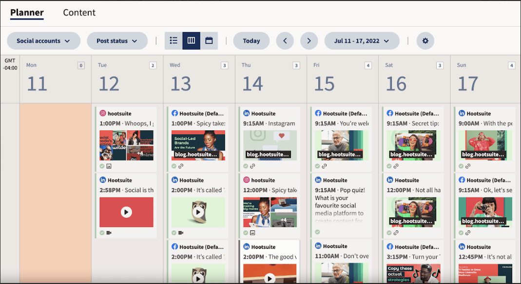 Social media content planner in Hootsuite showing scheduled posts on various platforms with detailed post times and content previews.