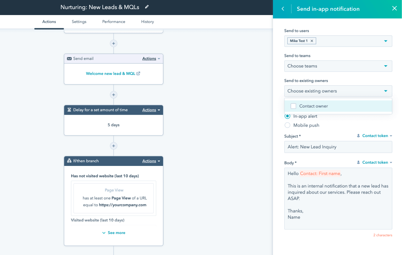 Lead nurturing workflow for new leads and MQLs in HubSpot, detailing actions like sending welcome emails, delays, and conditional branches, with an in-app notification setup for lead inquiries.