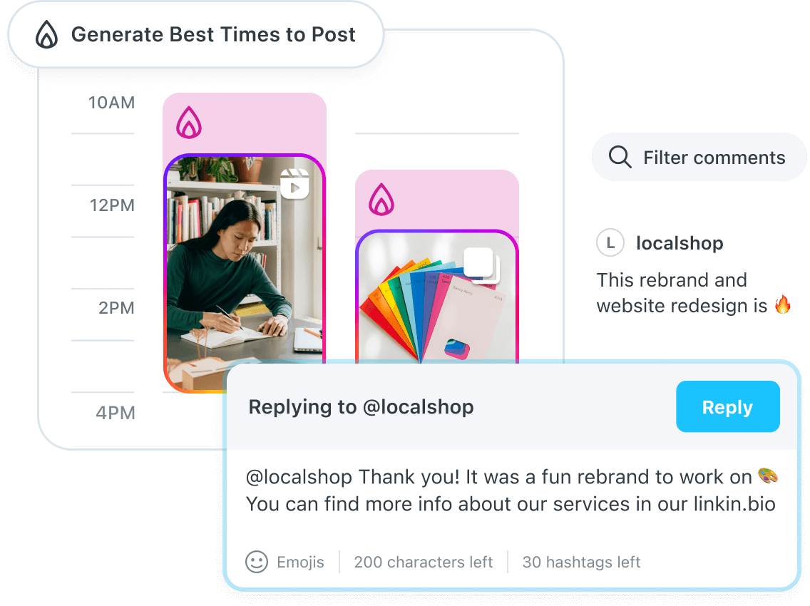 Social media management interface in Later showing best times to post, with images of a woman working and colorful stationery, along with a reply to a comment about a rebrand.