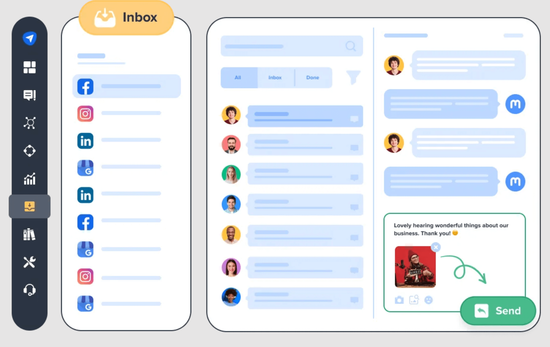 Social media management inbox in SocialPilot showing messages from various platforms like Facebook, Instagram, LinkedIn, and Google, with ongoing conversations and reply options.