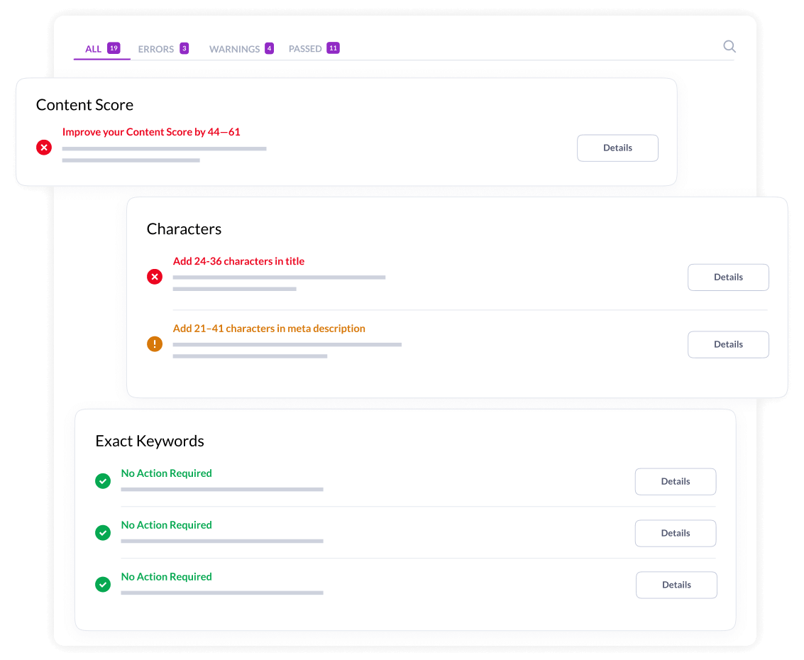 SEO audit report in SurferSEO showing content score errors, character length recommendations for titles and meta descriptions, and status of exact keyword usage.