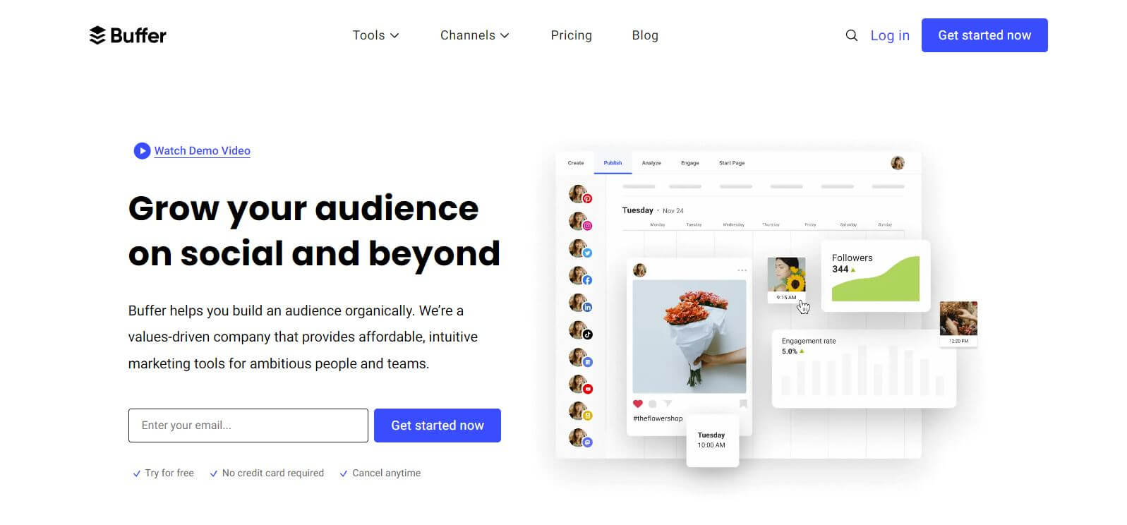 Buffer homepage promoting social media growth tools with a dashboard image displaying posts, engagement rates, and follower growth. Call-to-action button for starting a free trial.