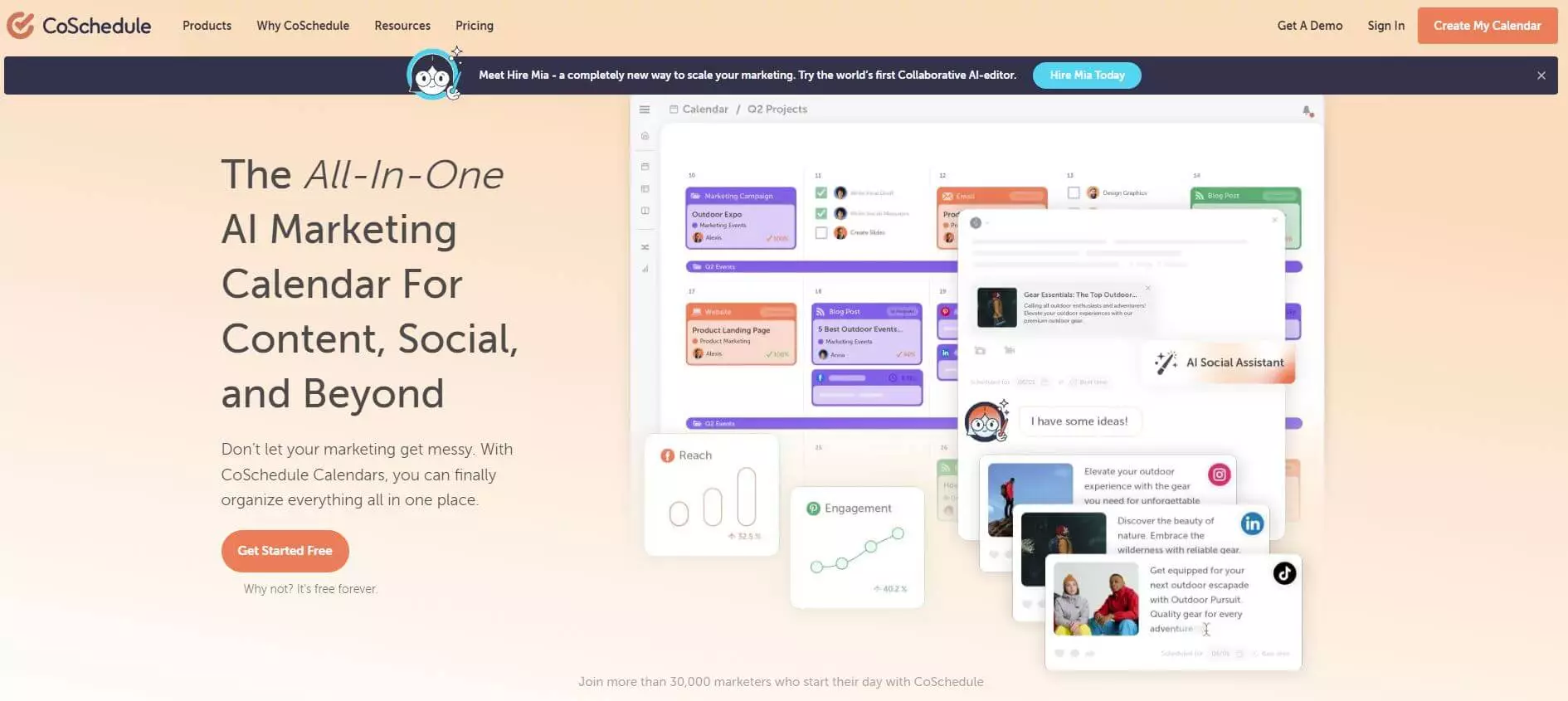 CoSchedule homepage promoting their all-in-one AI marketing calendar for content and social media management with various features and a call-to-action button.