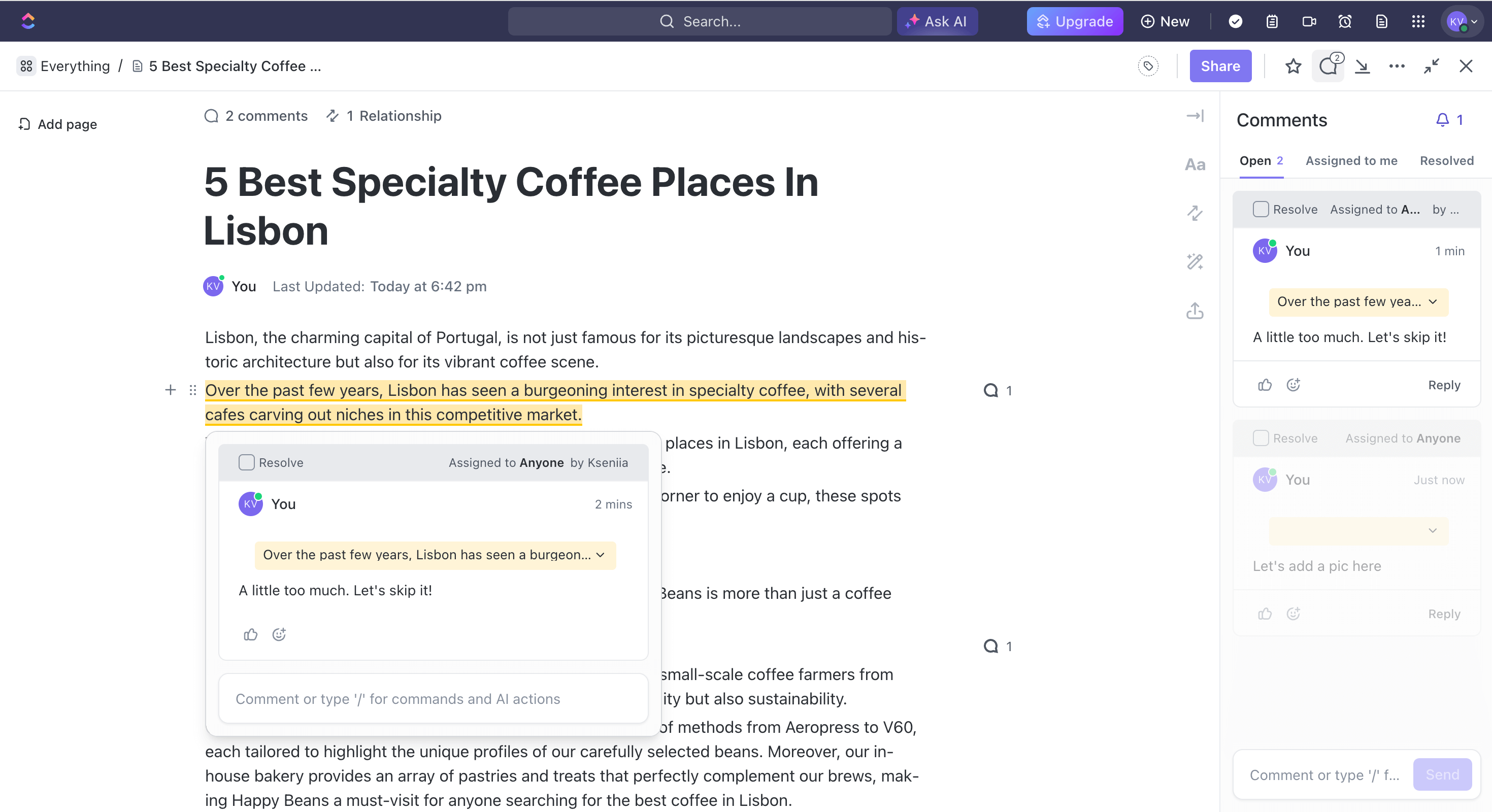 Content editing interface in ClickUp for a blog post titled "5 Best Specialty Coffee Places in Lisbon," featuring highlighted text and comments for revision.