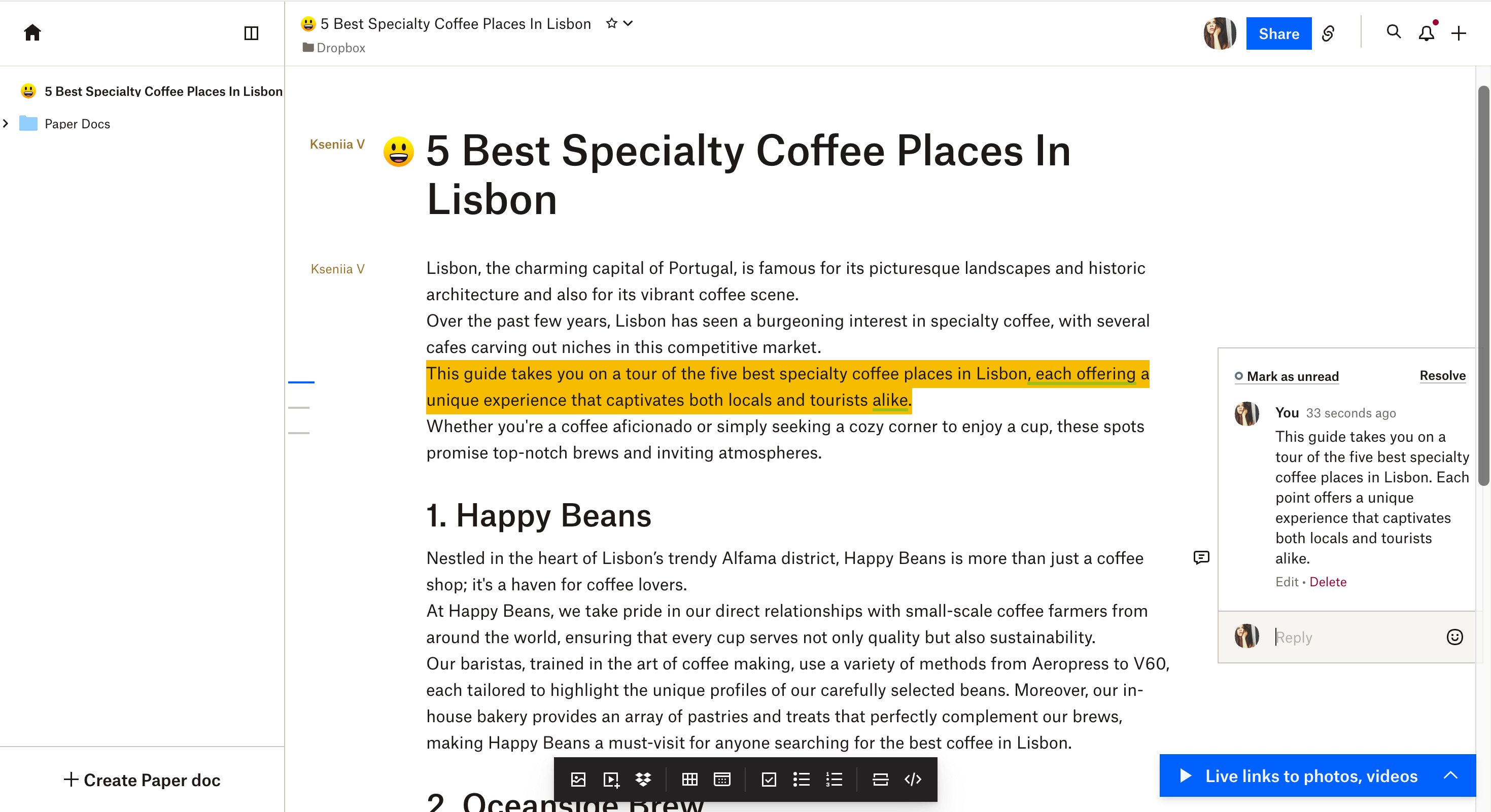 Dropbox Paper document titled "5 Best Specialty Coffee Places in Lisbon" with highlighted text and comments for editing and feedback.