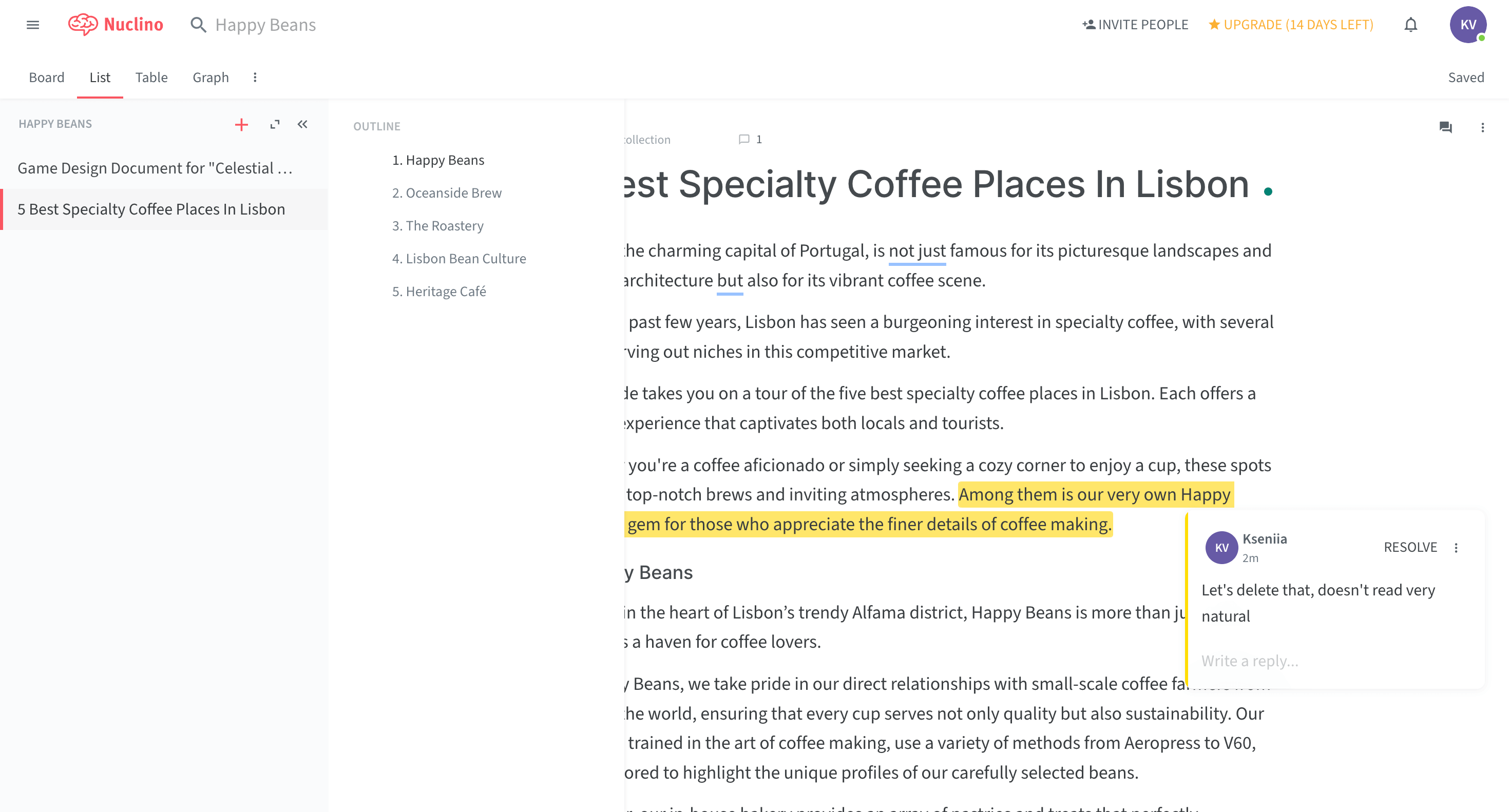 Nuclino document titled "5 Best Specialty Coffee Places in Lisbon," with highlighted text and a comment for deletion. Sidebar shows document outline.