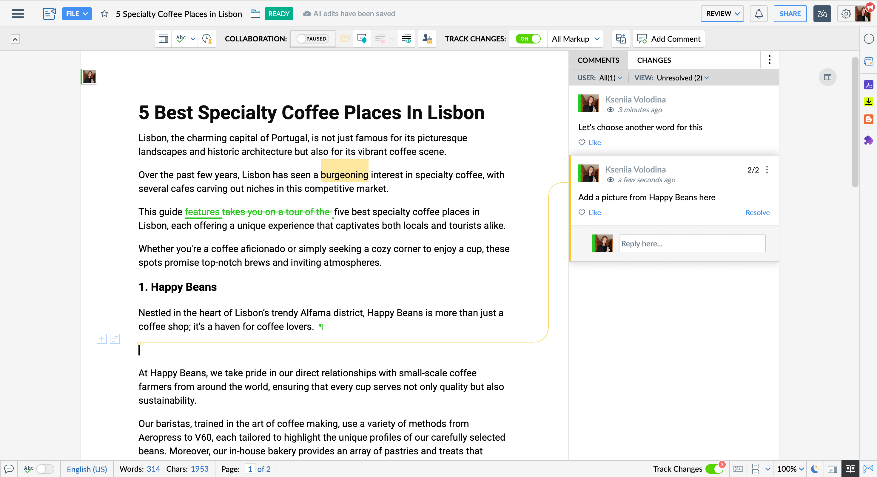 Zoho Writer's editing interface for a blog post titled "5 Best Specialty Coffee Places in Lisbon," with track changes and comments for revisions and additions.