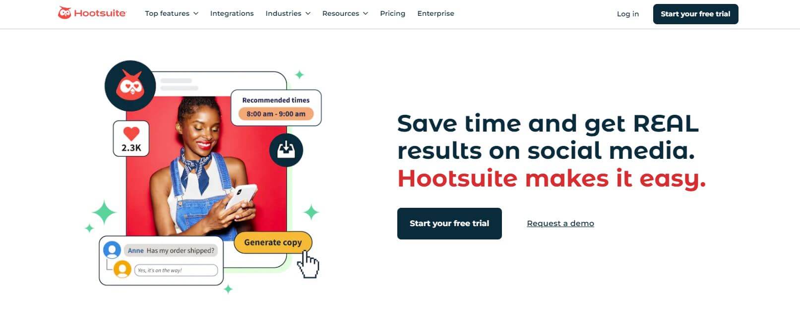 Hootsuite homepage promoting their social media management tool, featuring a woman using a smartphone and various engagement metrics. Call-to-action button for a free trial.