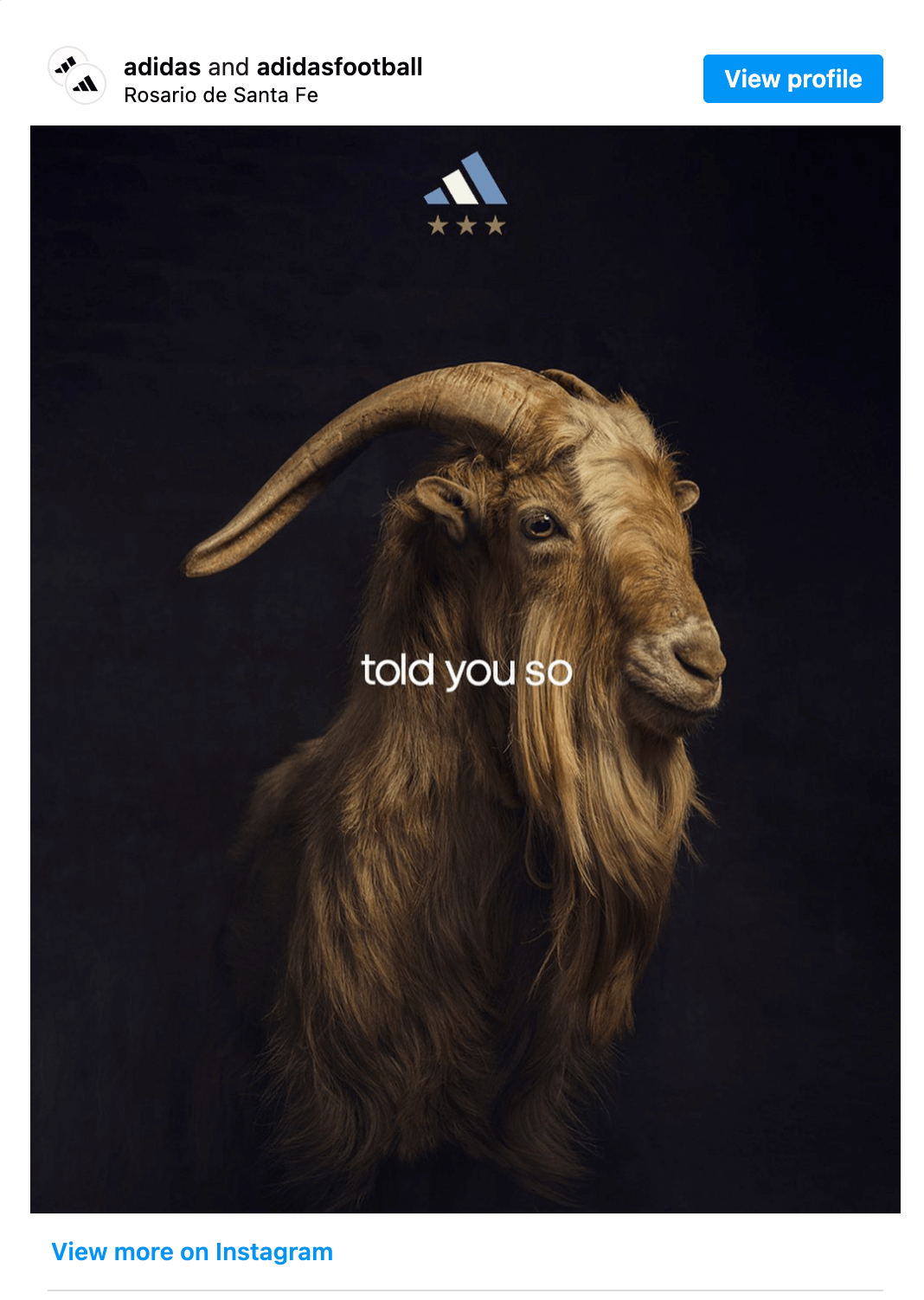 Adidas Instagram post featuring a goat with the text "told you so" overlayed, promoting their football brand with a confident tone.