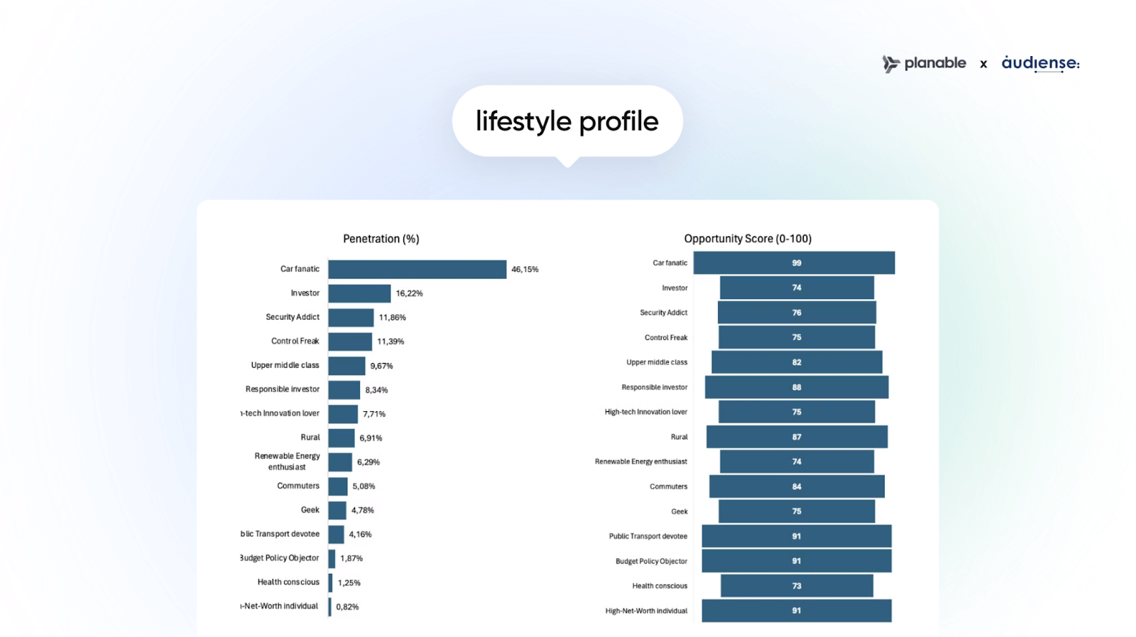 Lifestyle profile chart showing penetration percentages and opportunity scores for various segments including car fanatic, investor, and security addict.