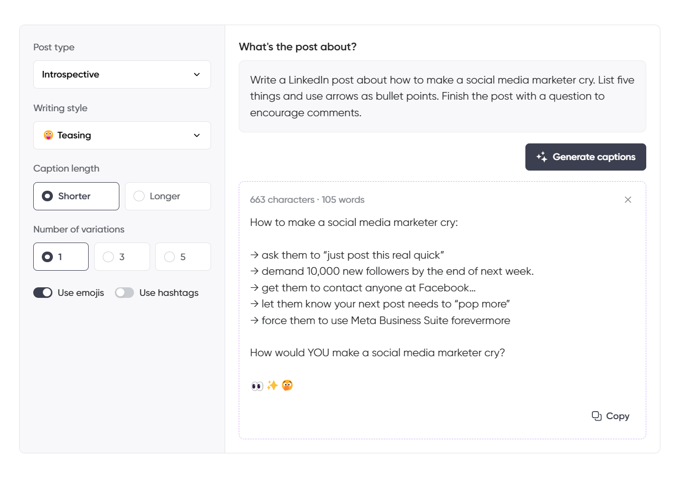LinkedIn Post Generator by Planable, generating a LinkedIn post for Sophie Miller, known as Pretty Little Marketer, using the settings from the left sidebar such as Post type: Introspective, Writing style: Teasing, Caption length: Shorter, Number of variations: 1. She also enabled the 'Use emoji' option.