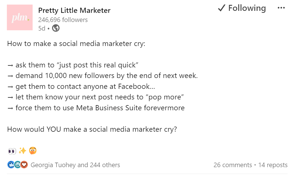 Pretty Little Marketer aka PLM's linkedin post about 'How to make a social media marketer cry' with a generated caption by Planable's LinkedIn post generator