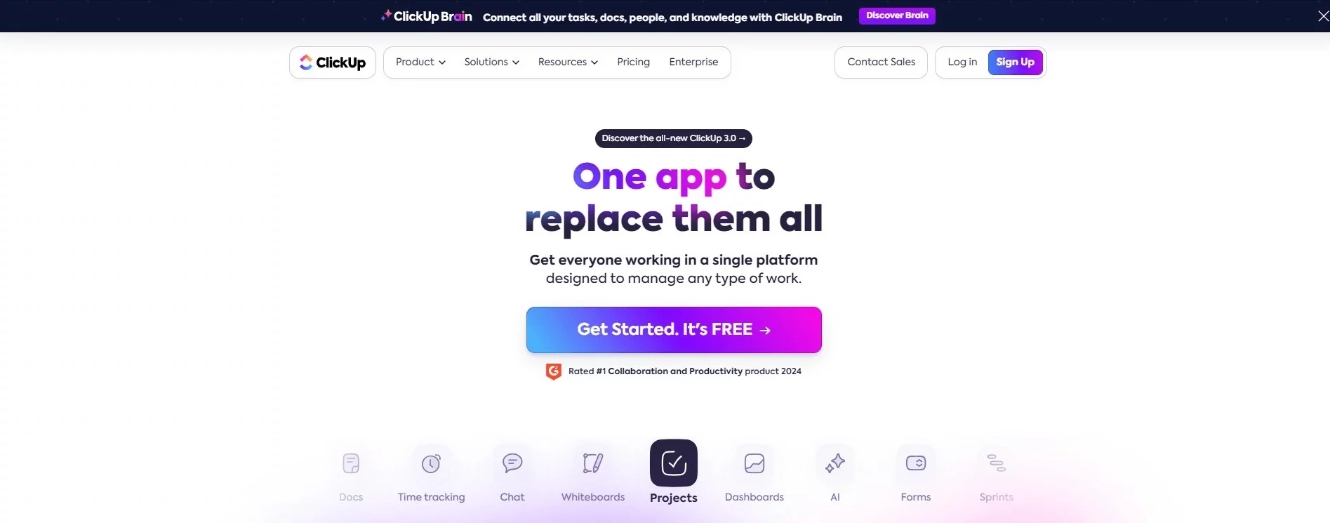 ClickUp homepage promoting its platform as an all-in-one solution for managing various types of work, offering a free start option.