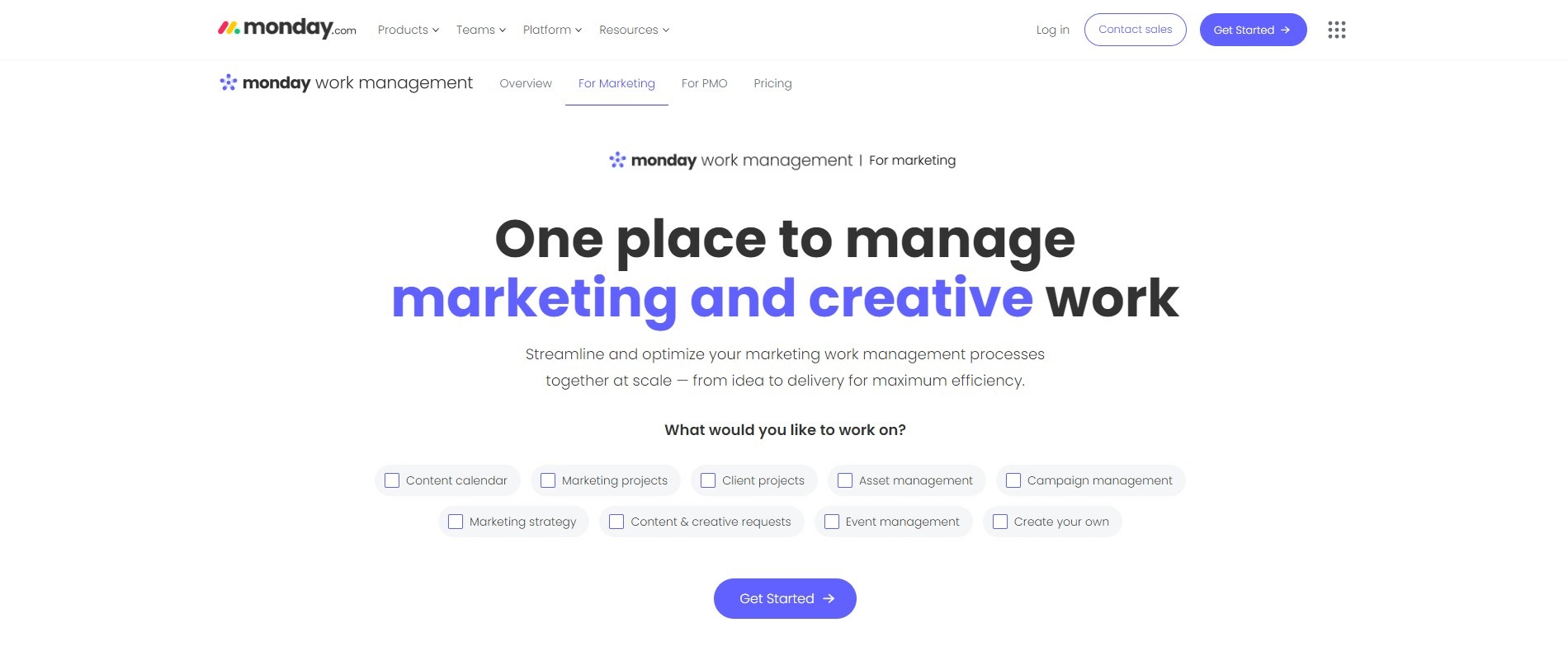 Monday.com marketing management page highlighting features for managing marketing and creative work with options for content calendar, projects, and strategy.