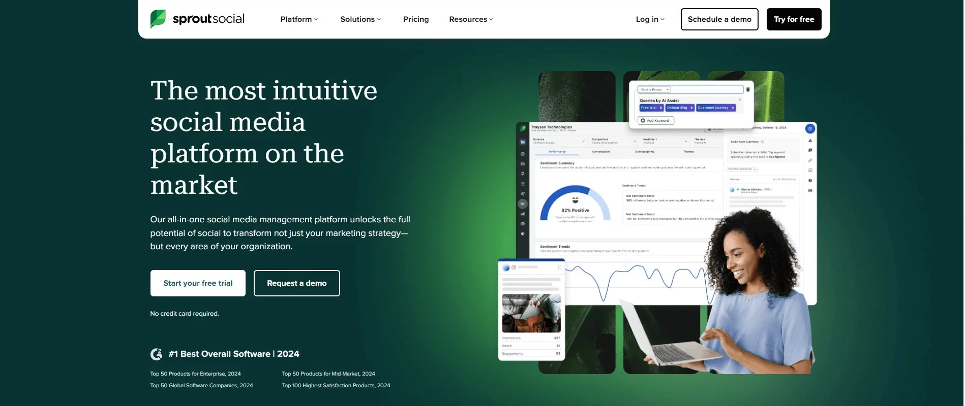 Sprout Social homepage promoting its intuitive social media management platform, featuring analytics and user-friendly interface with options for free trial and demo.