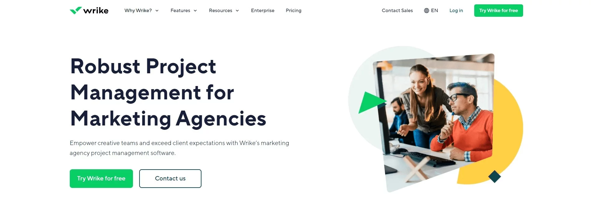 Wrike homepage promoting robust project management software for marketing agencies, featuring options to try for free or contact sales.