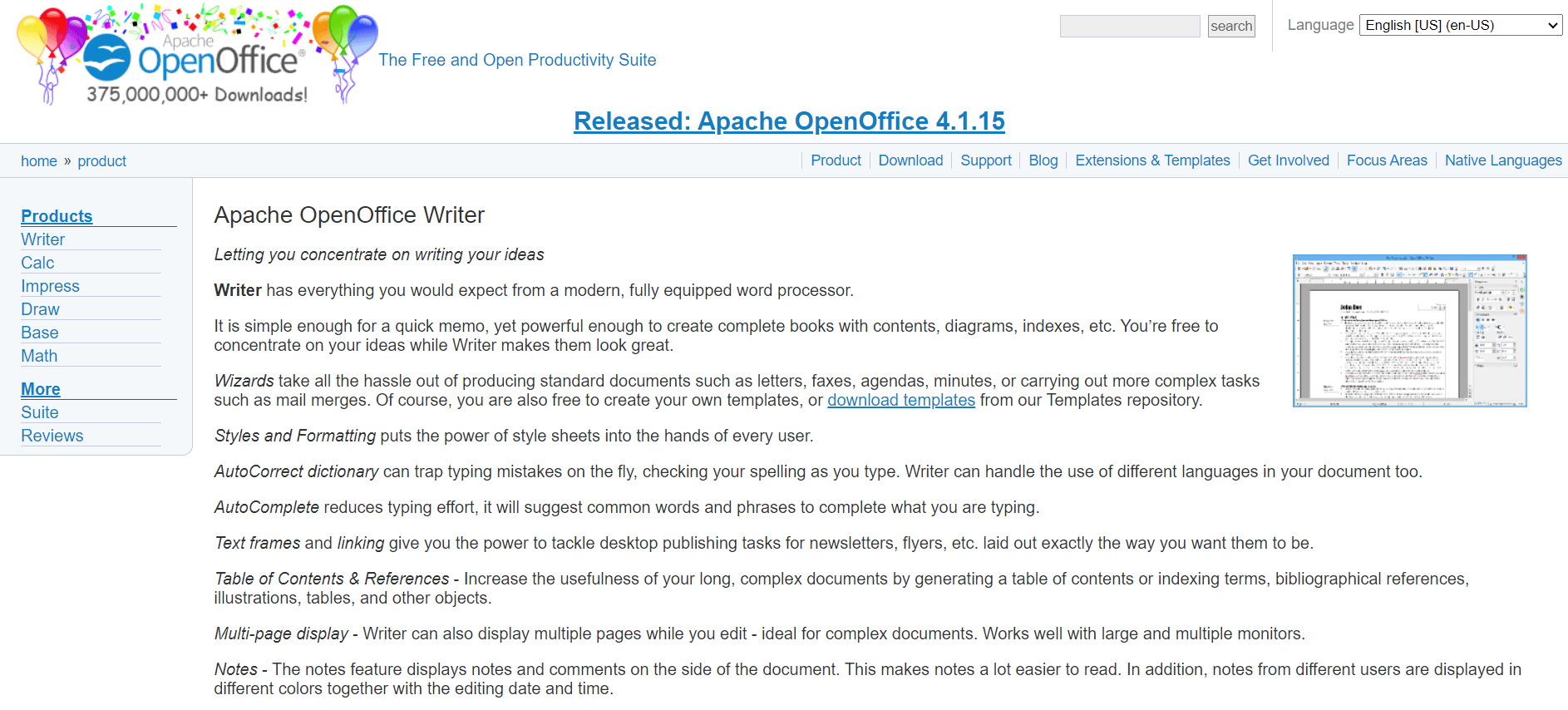 Apache OpenOffice Writer homepage highlighting features such as wizards, styles, formatting, and multiple language support for creating various documents.