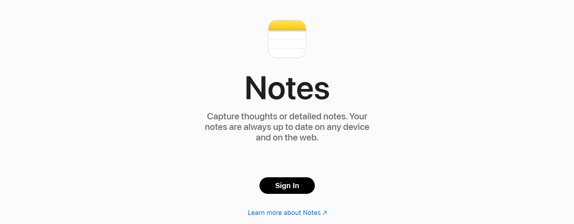 Apple Notes homepage inviting users to sign in to capture thoughts or detailed notes, ensuring synchronization across all devices and web.