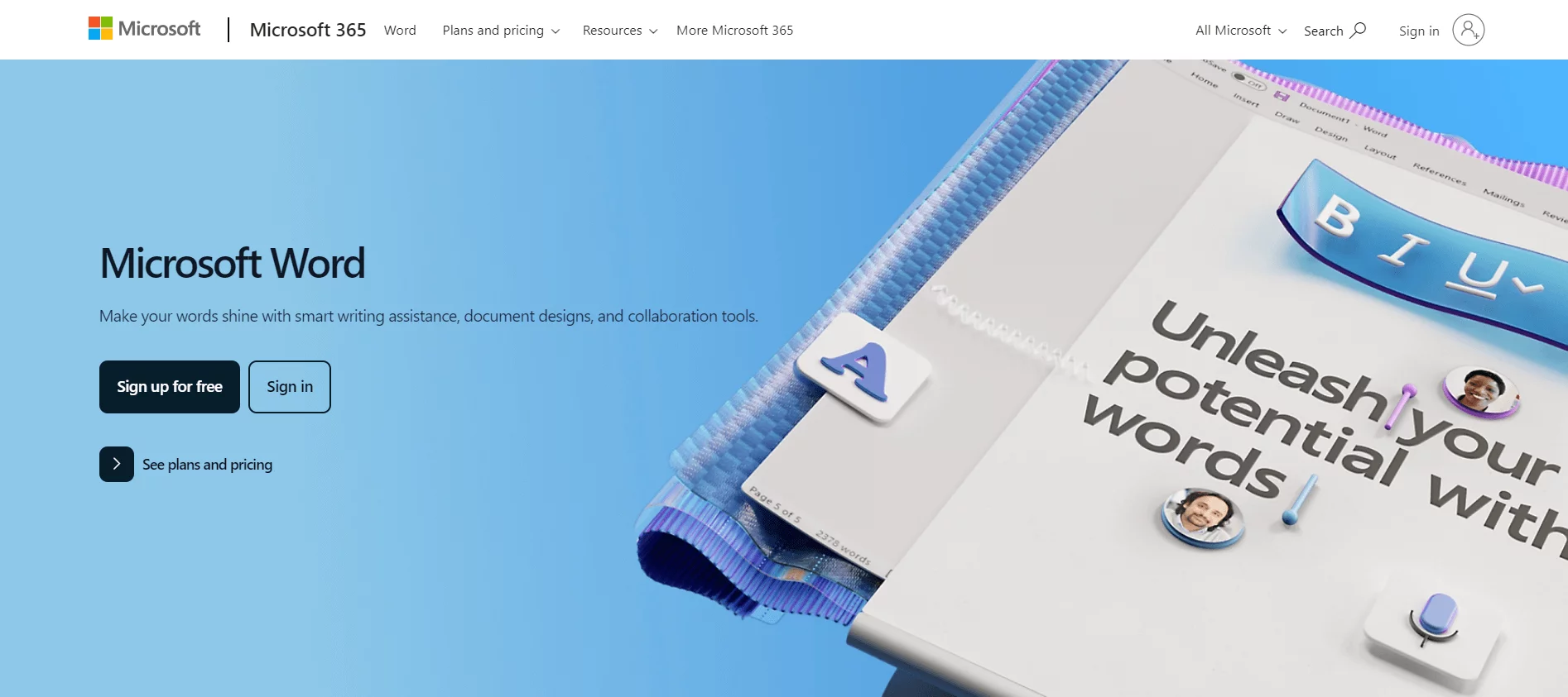 Microsoft Word homepage promoting writing assistance, document designs, and collaboration tools with options to sign up or see pricing.