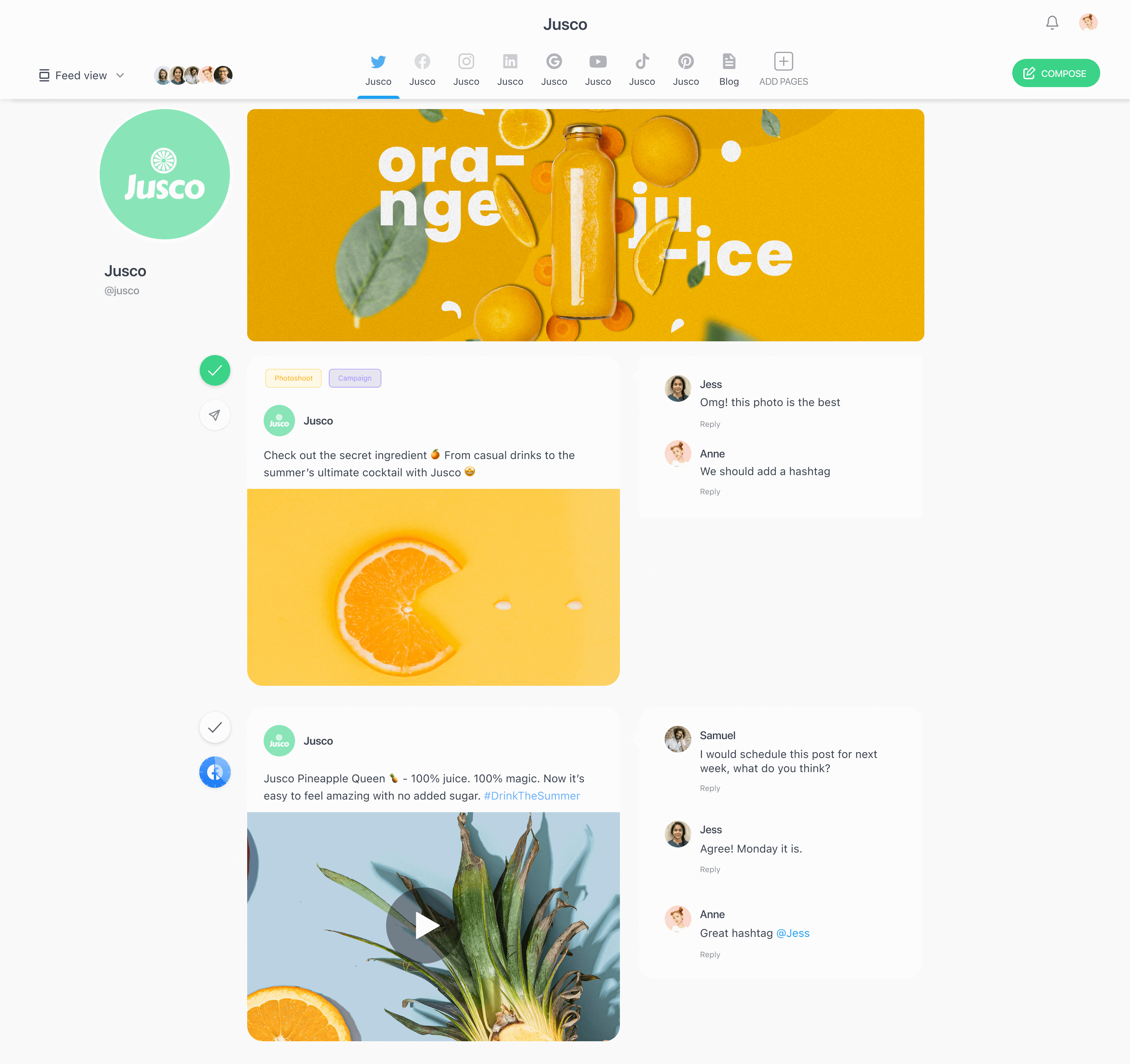 Jusco social media feed featuring posts about orange and pineapple juice, with comments from team members discussing hashtags and scheduling.