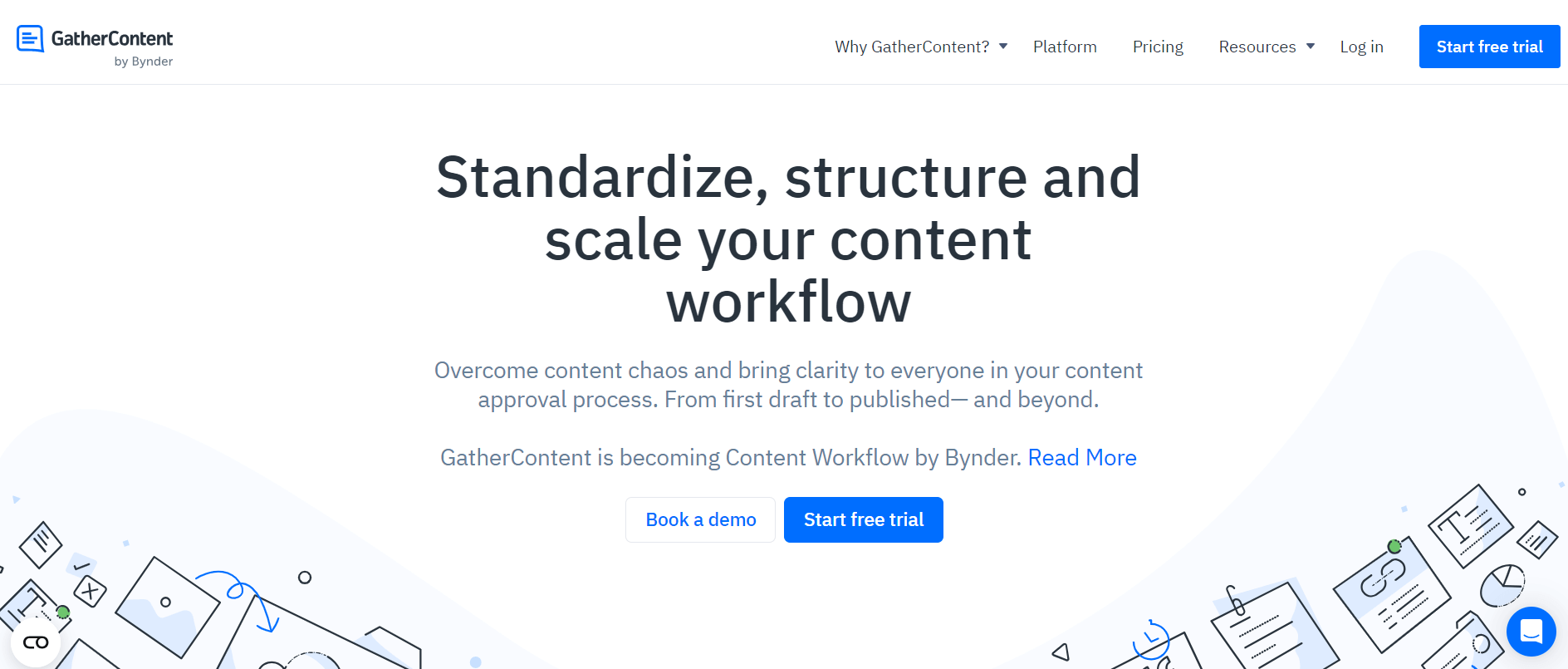 GatherContent homepage highlighting content workflow solutions with options to book a demo or start a free trial.